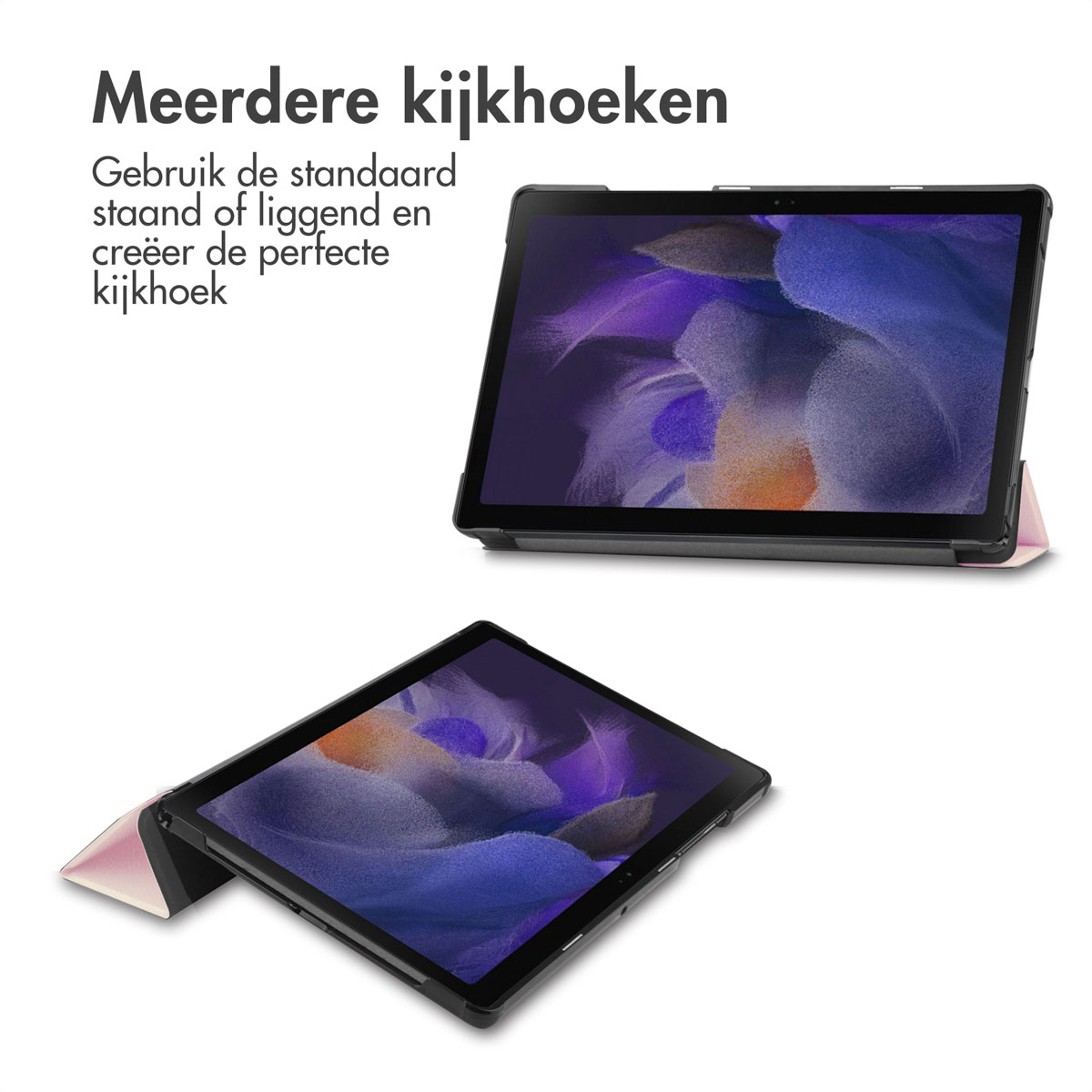 Tablets in hoes, meerdere kijkhoeken getoond op een lichte achtergrond.