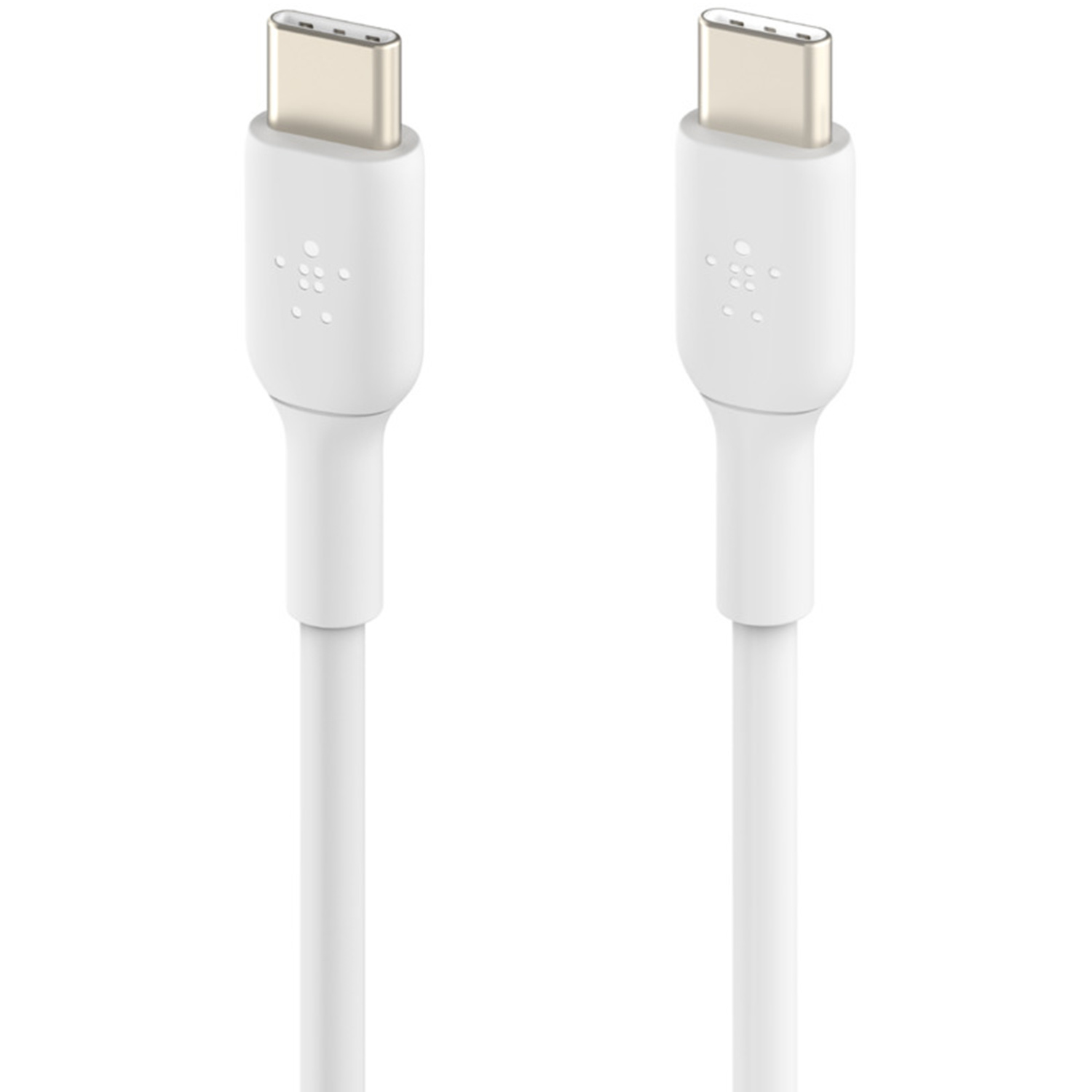 Zwei weiße USB-C-Kabel mit weißen Steckern, Nahaufnahme, auf weißem Hintergrund.