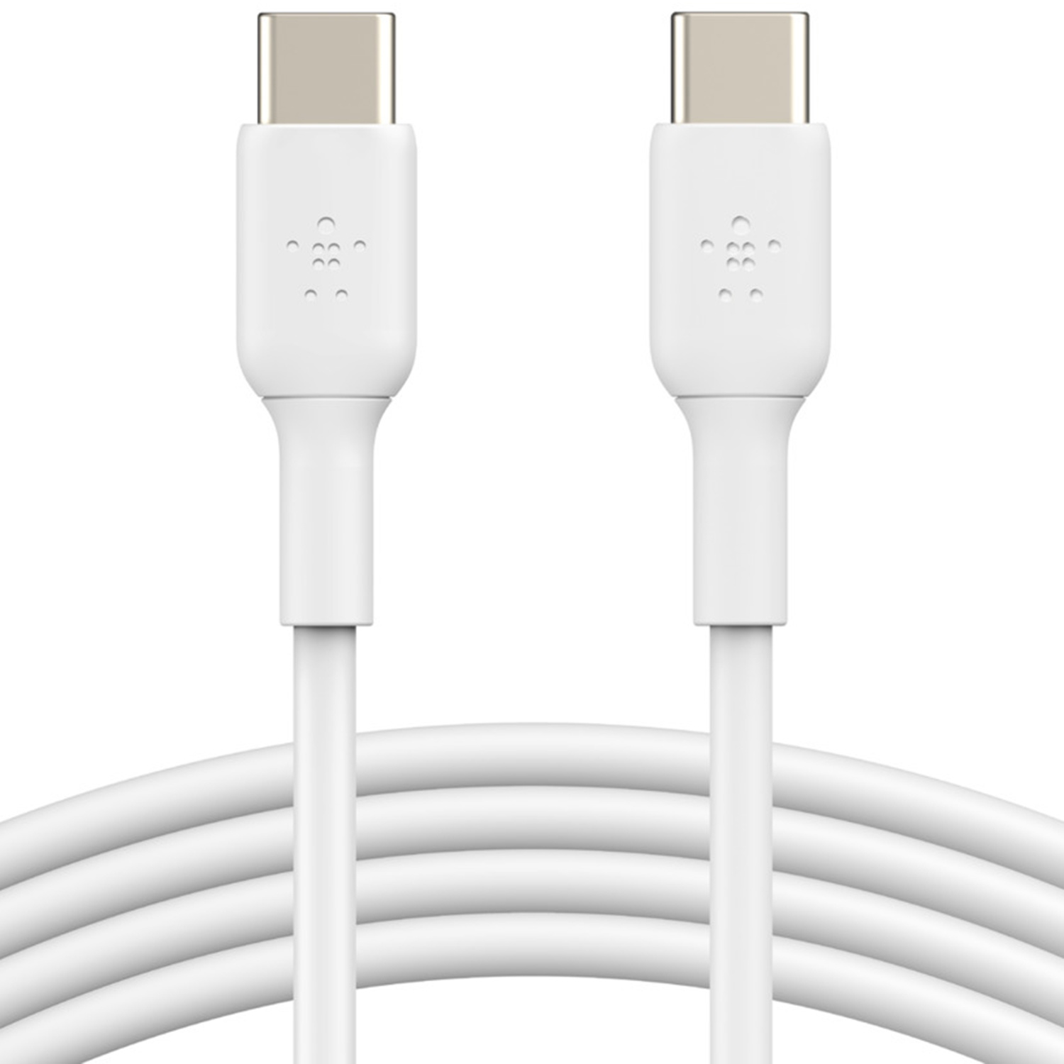 Zwei weiße USB-C-Kabel nebeneinander, isoliert auf Weiß.