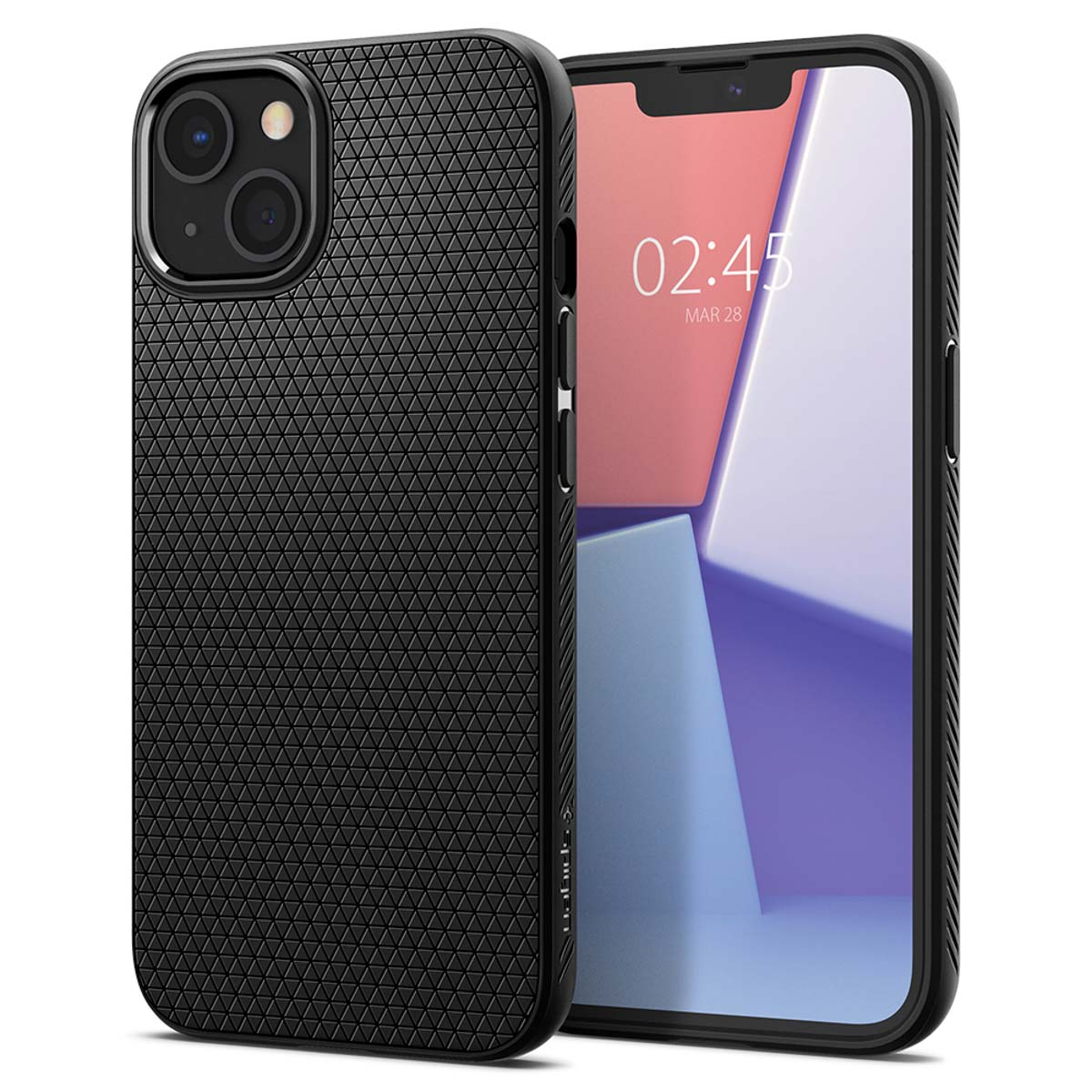 Zwarte telefoonhoes op een telefoon. De hoes heeft een textuurpatroon en een zwarte telefoon.