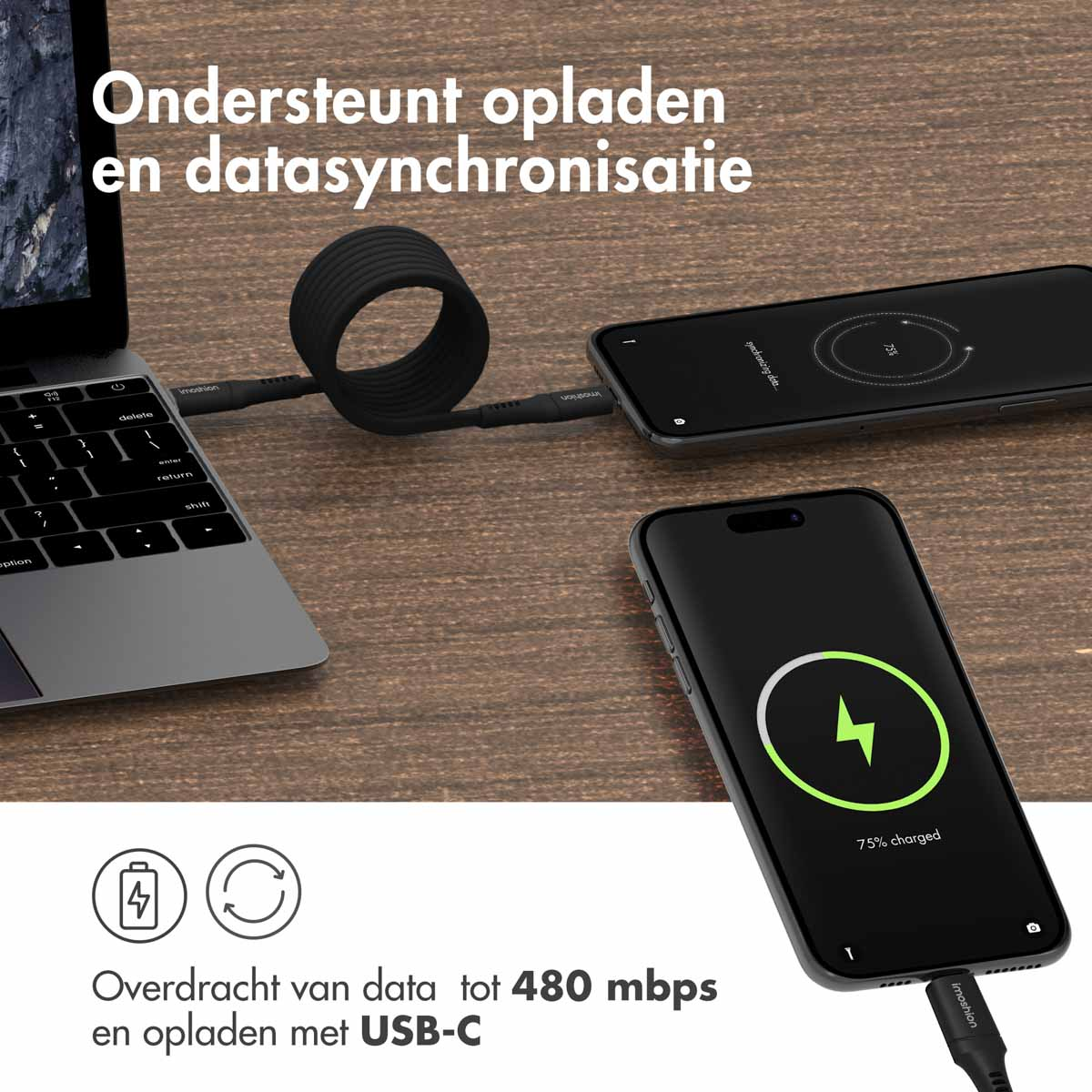 Telefon, Laptop und Telefon laden mit USB-C-Kabel. Text: Unterstützt Laden und Datensynchronisation.
