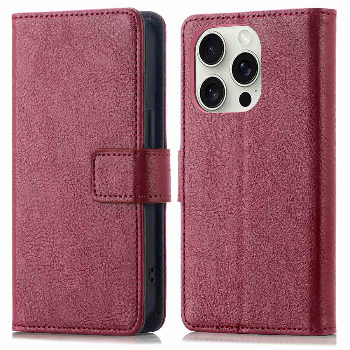 Een bordeauxrode leren telefoonhoes, open en dicht, met de telefoon en de sluiting.