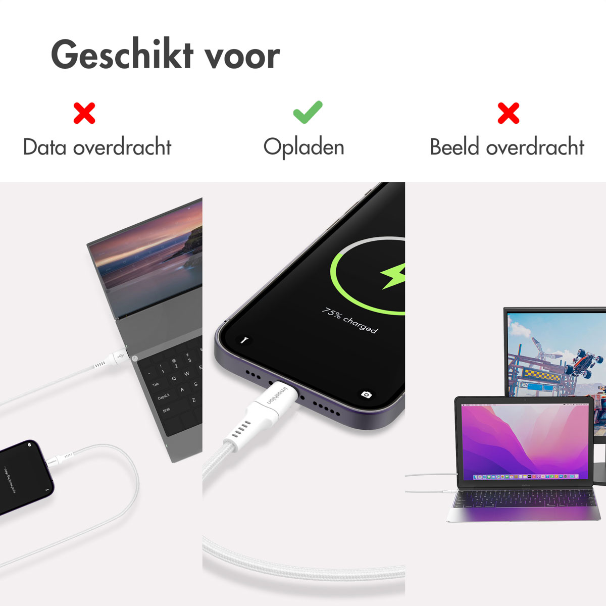 Câbles pour différents usages. La charge du téléphone est ok. Transfert de données et d'image non ok.