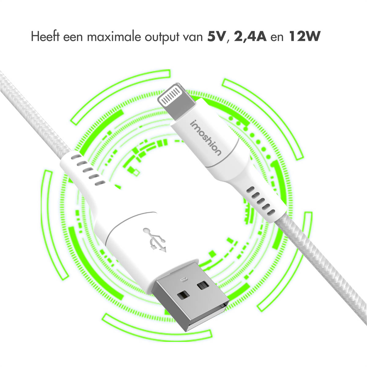 Câble blanc avec connecteur USB et Lightning, entouré d'un contour vert.
