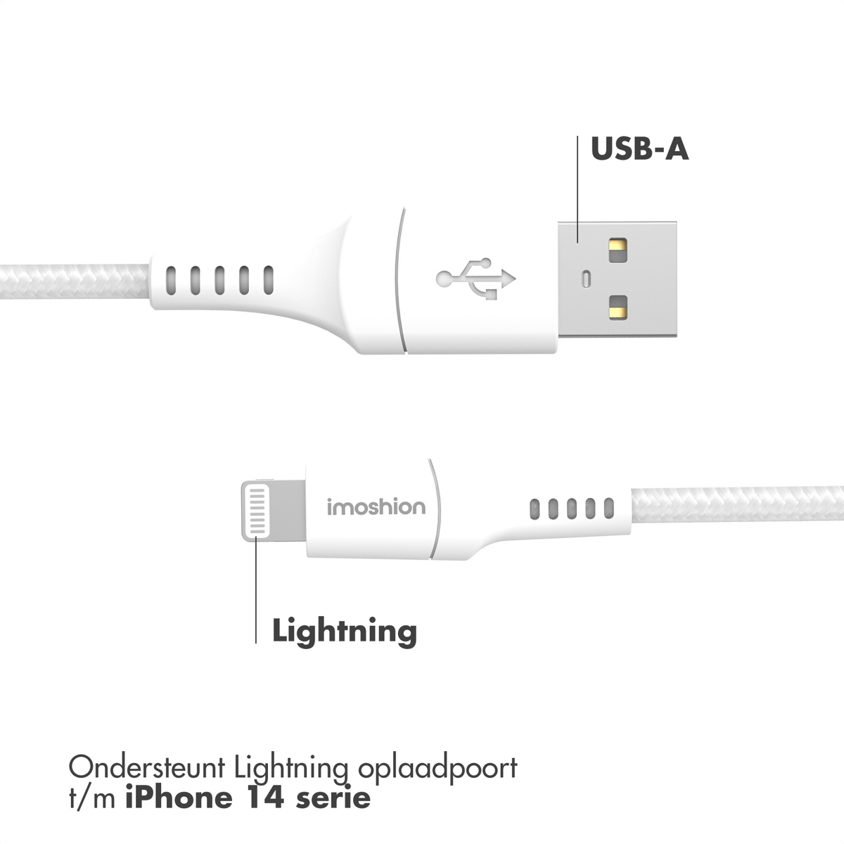 Un câble USB-A vers Lightning blanc. Les étiquettes sont claires.