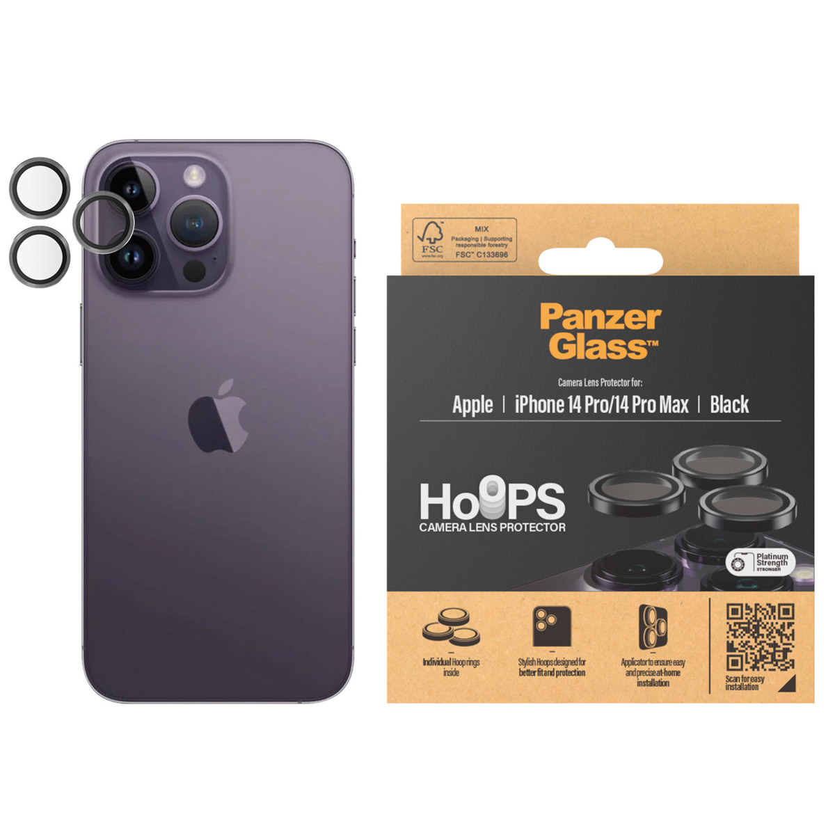 Telefoon, lenzen en doos met cameralensbeschermers voor iPhone 14 Pro Max.