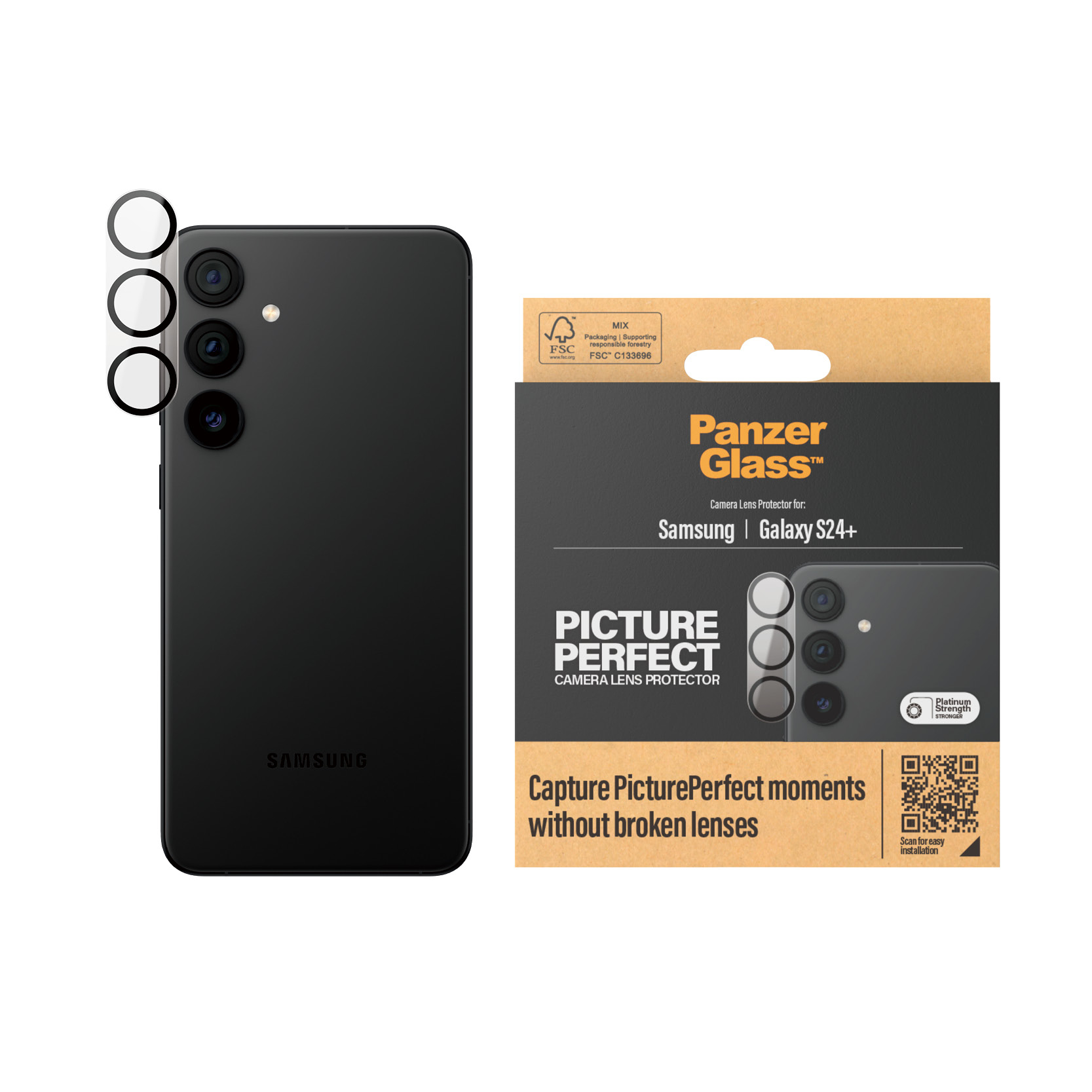 Téléphone avec protecteurs d'objectif et emballage. Texte : Picture Perfect, Protecteur d'objectif de caméra.