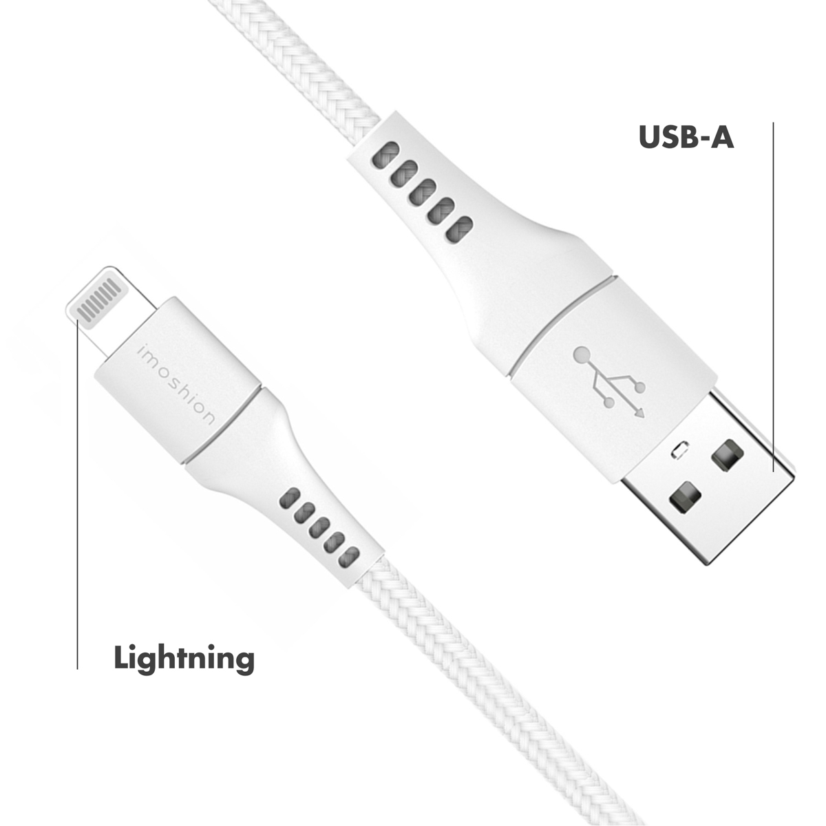 Câble blanc avec connecteurs Lightning et USB-A, étiqueté 'imoshion'.