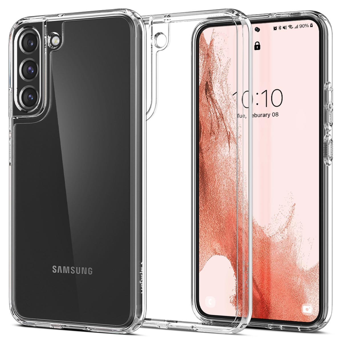 Custodia trasparente per telefono con telefono all'interno. Lo sfondo è bianco.