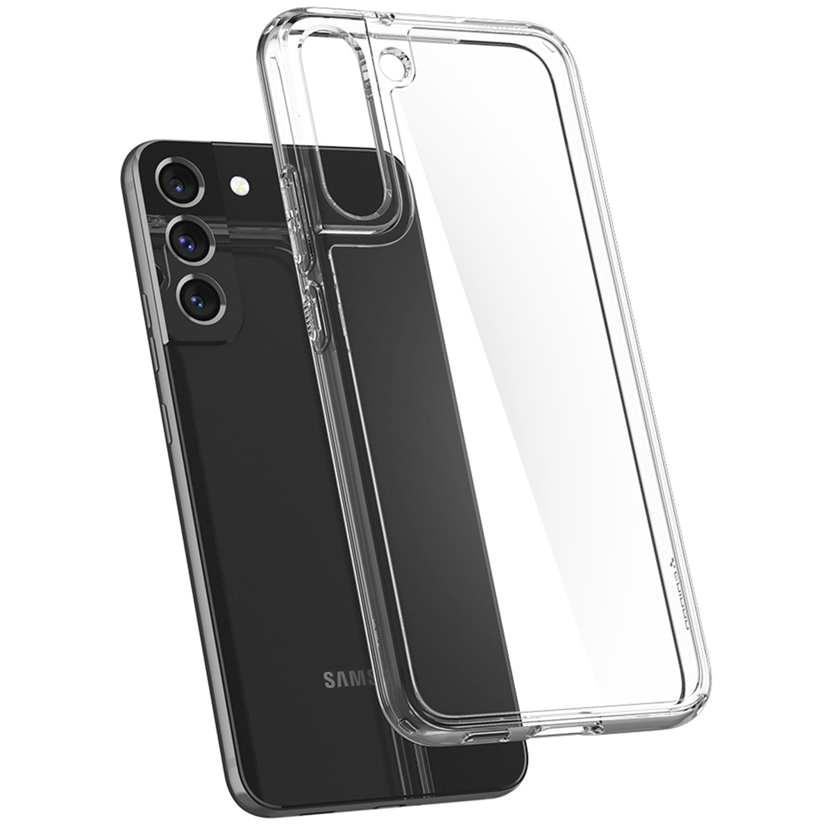 Telefono nero con custodia trasparente. Custodia staccata. Sfondo bianco.
