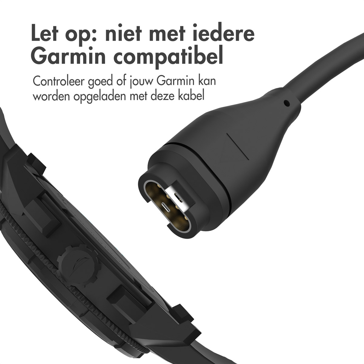 Montre Garmin noire et câble de chargement. Gros plan du connecteur. Texte : Non compatible avec tous les Garmin.
