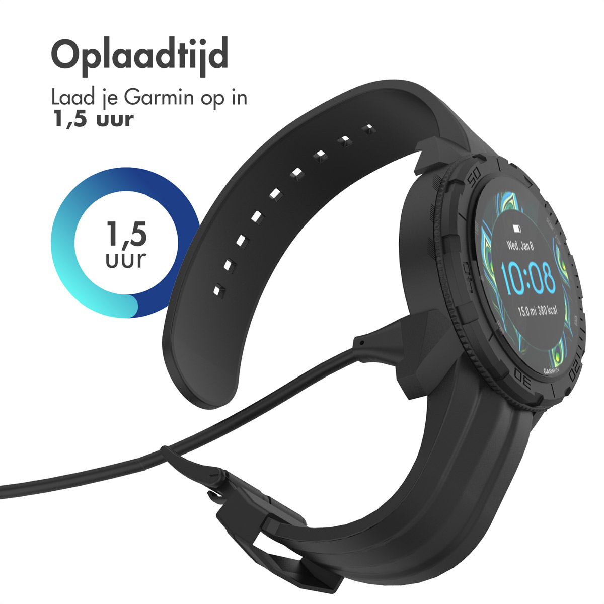 Montre connectée noire avec câble de chargement. Texte : Le temps de charge est de 1,5 heure.