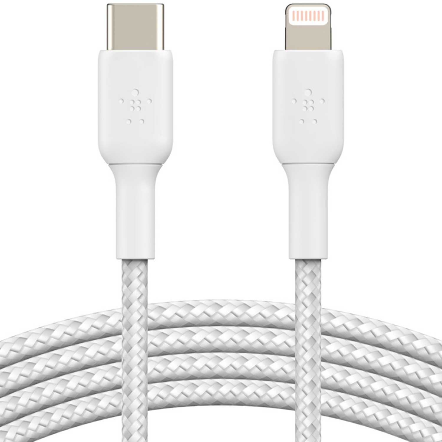 Deux câbles USB tressés blancs avec différents connecteurs. L'un est USB-C, l'autre Lightning.