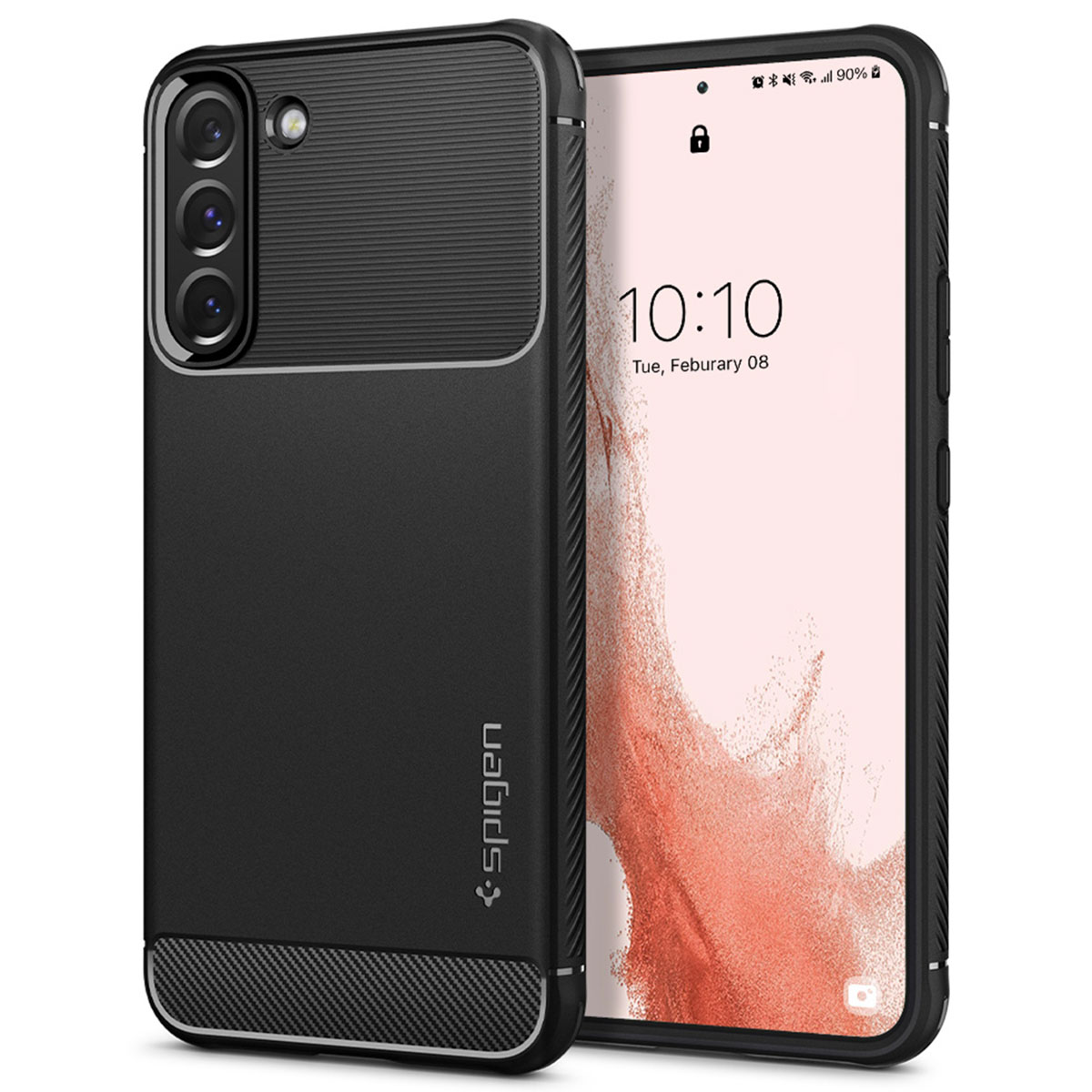 Schwarzes Telefon in einer schwarzen Hülle, das Telefon zeigt einen rosa Bildschirm und eine Uhr oben.