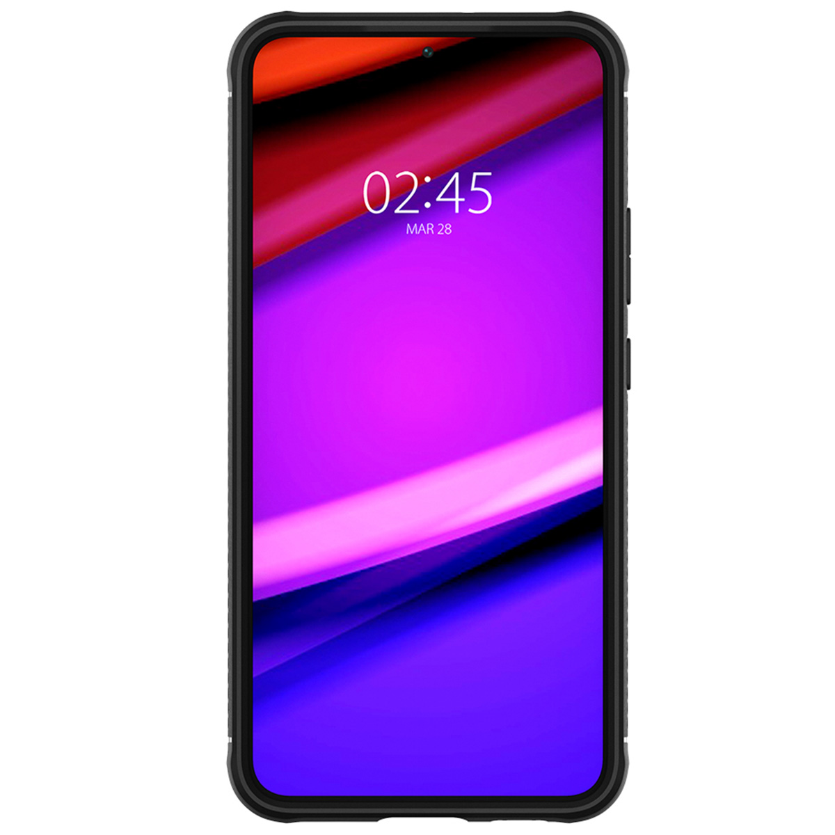 Telefonbildschirm mit Uhrzeit und Datum. Telefon in schwarzer Schutzhülle. Lila und violetter Farbverlauf.
