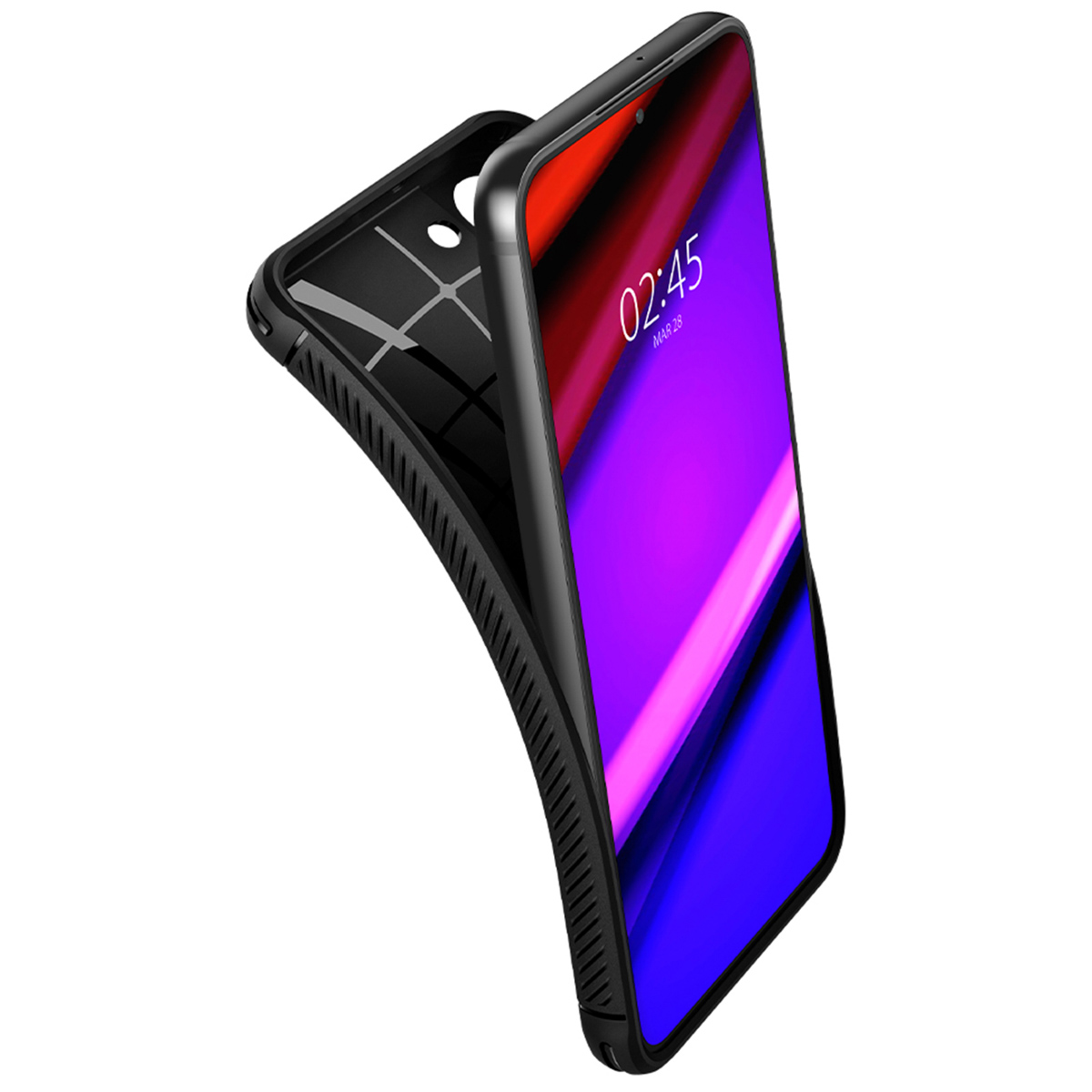 Ein schwarzes Telefon in einer Hülle. Der Bildschirm des Telefons zeigt die Uhrzeit 02:45 an. Die Hülle ist leicht geöffnet.