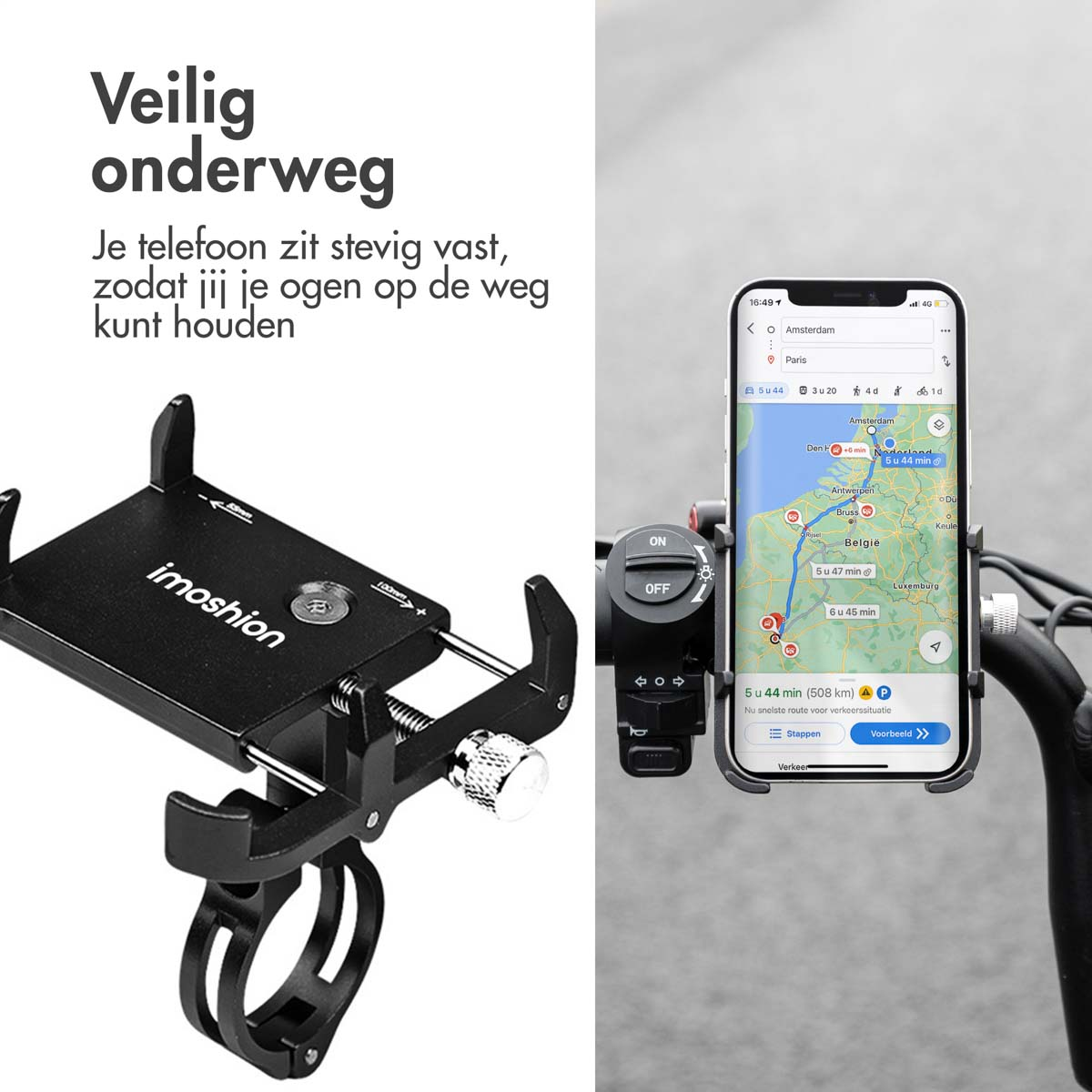 Black phone holder mounted on bike handlebars, holding a phone with a navigation app open.
