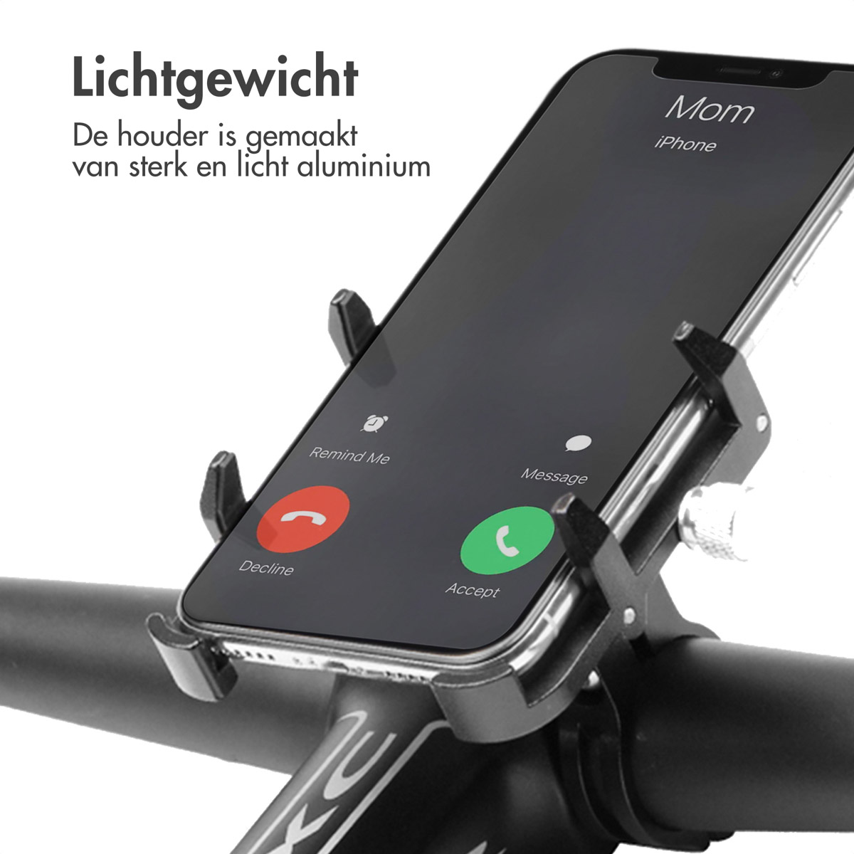 A phone in a bike phone holder. The phone's screen shows a call from 'Mom'.