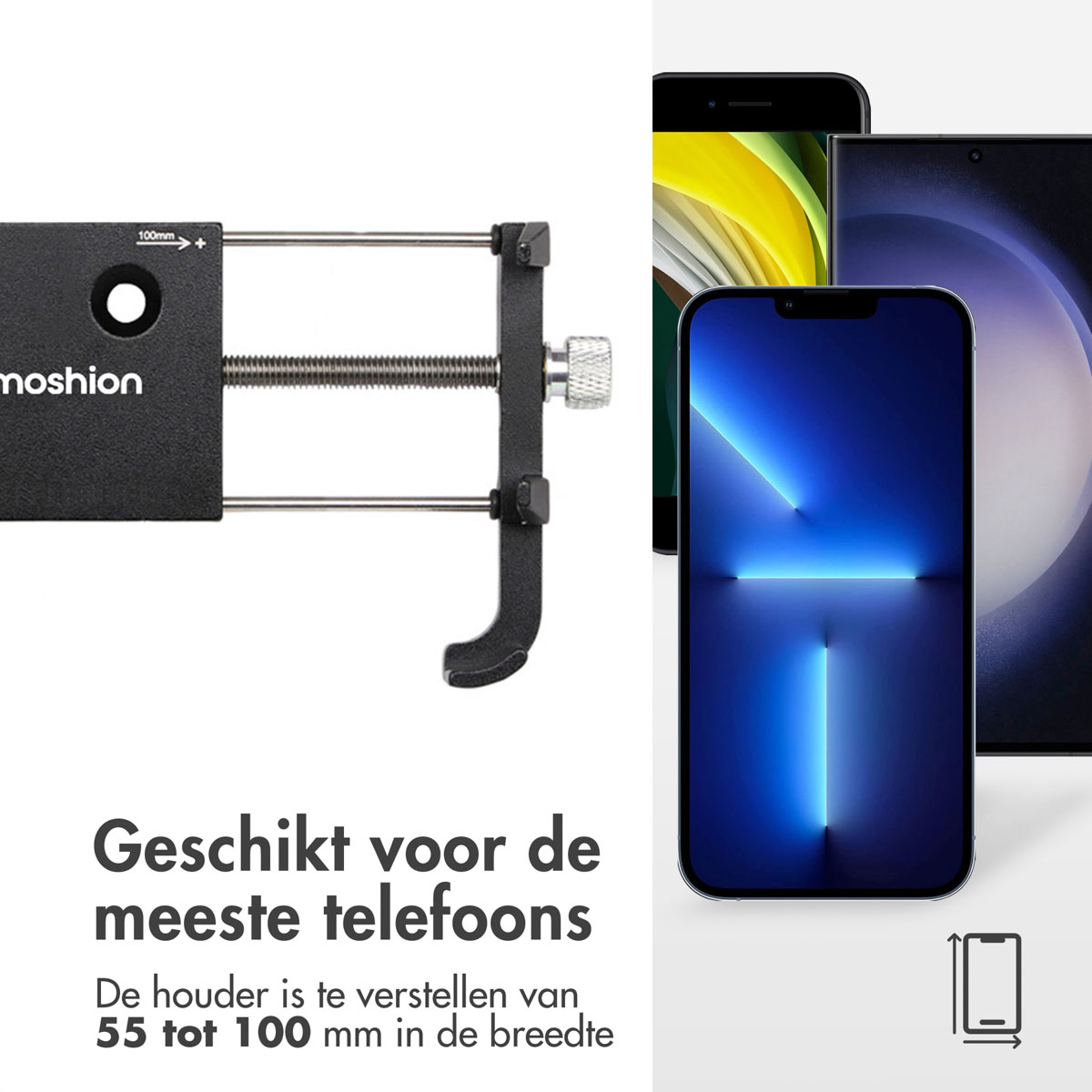 Phone holder with phones in the background. Text: 'Suitable for most phones'.