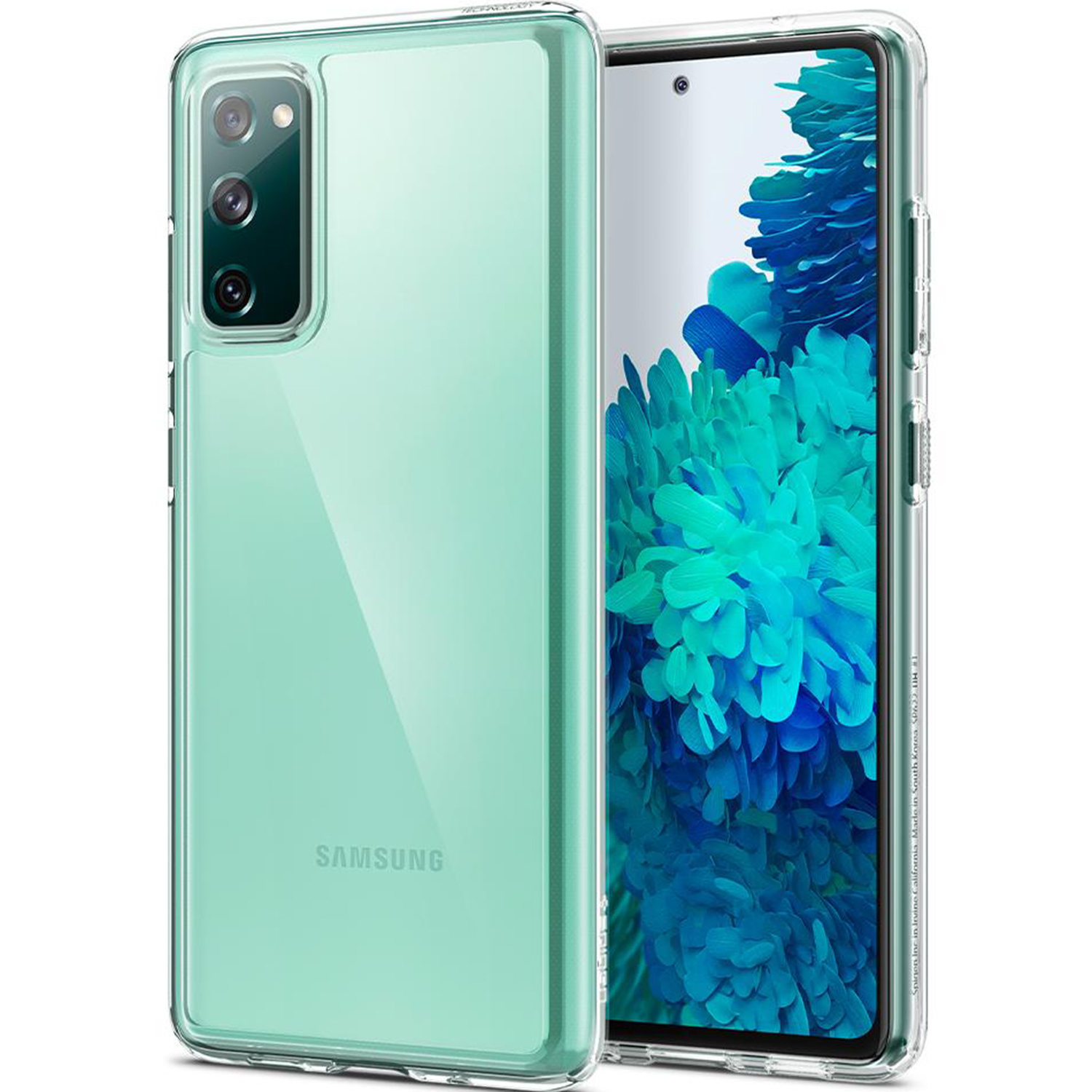 Telefoon in hoesje, groene achterkant, transparante hoes, Samsung logo.