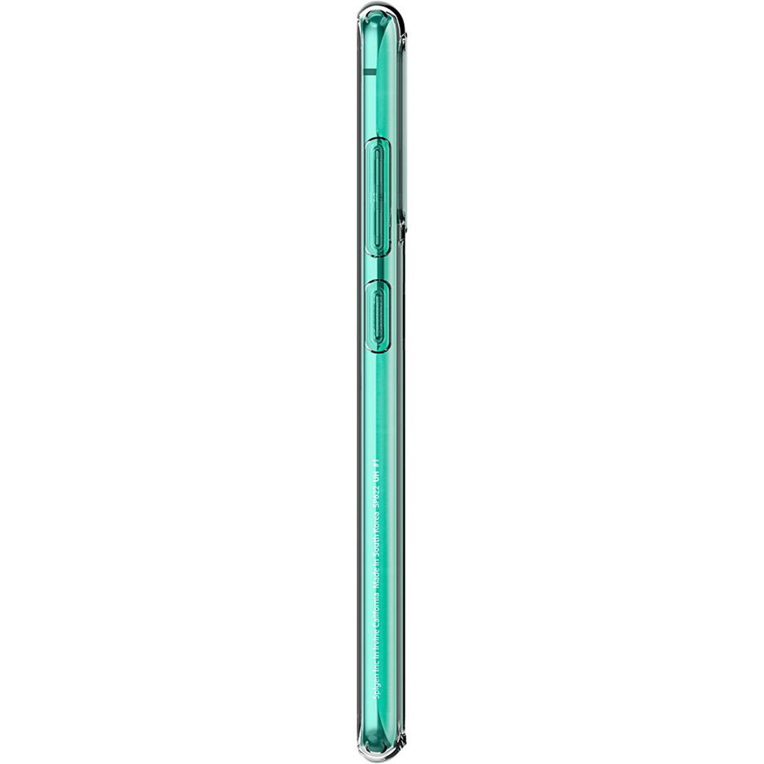 Zijaanzicht van een doorzichtige telefoonhoes. Het heeft twee knoppen aan de zijkant. Groene tint.