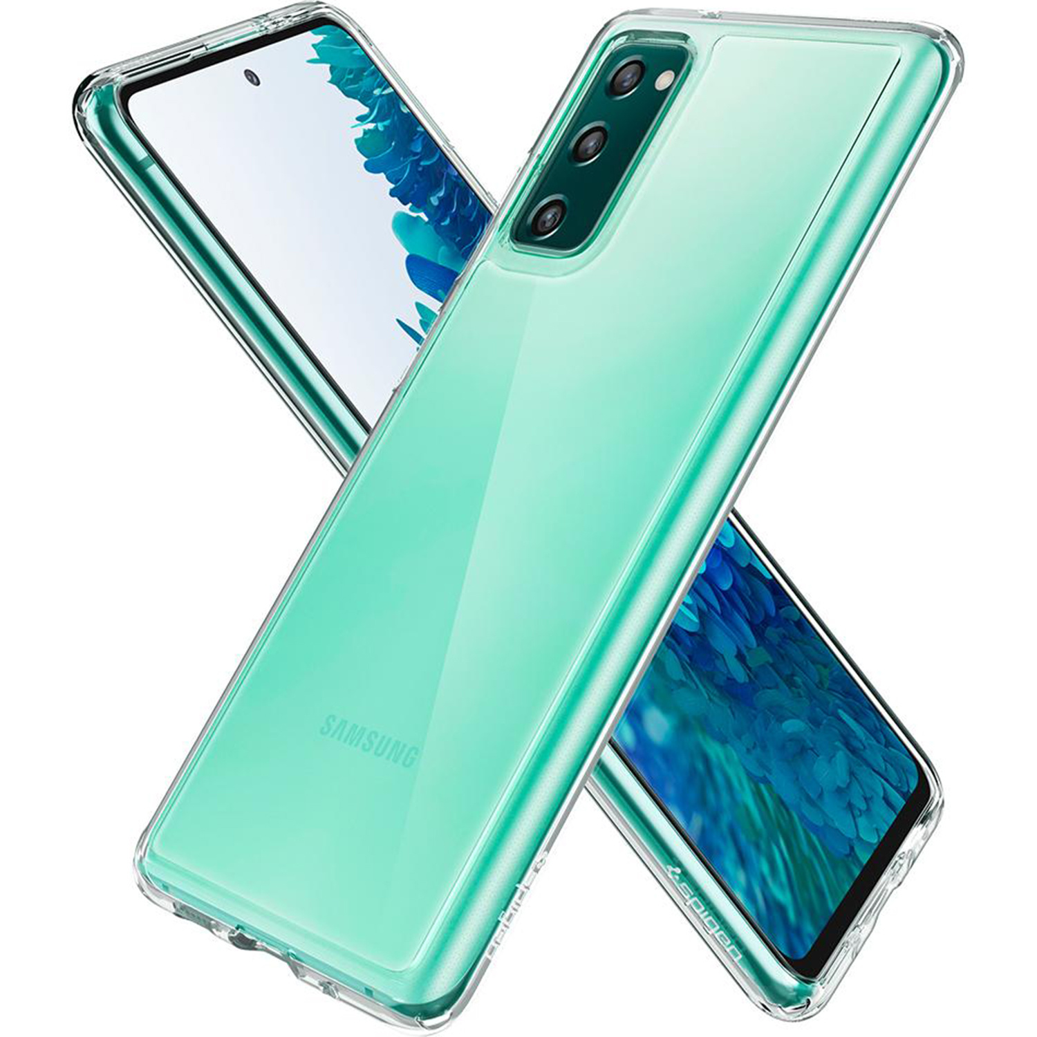 Twee telefoons in hoesjes. Eén is een blauwgroene telefoon met een doorzichtige hoes en de andere is een zwarte telefoon.