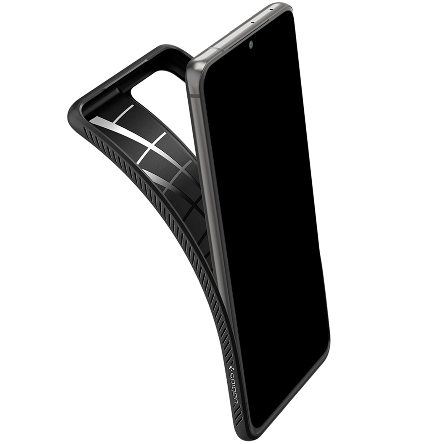 Telefono nero con custodia nera. Il telefono è inclinato. La custodia ha un interno strutturato.