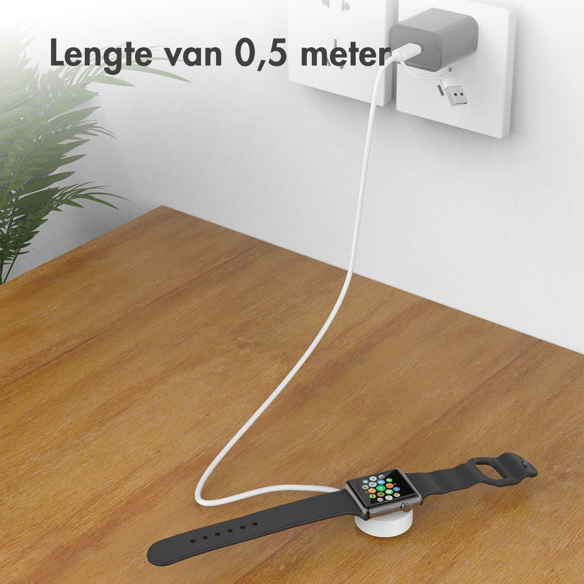 Apple Watch charging on a wooden surface. USB charger in the back.