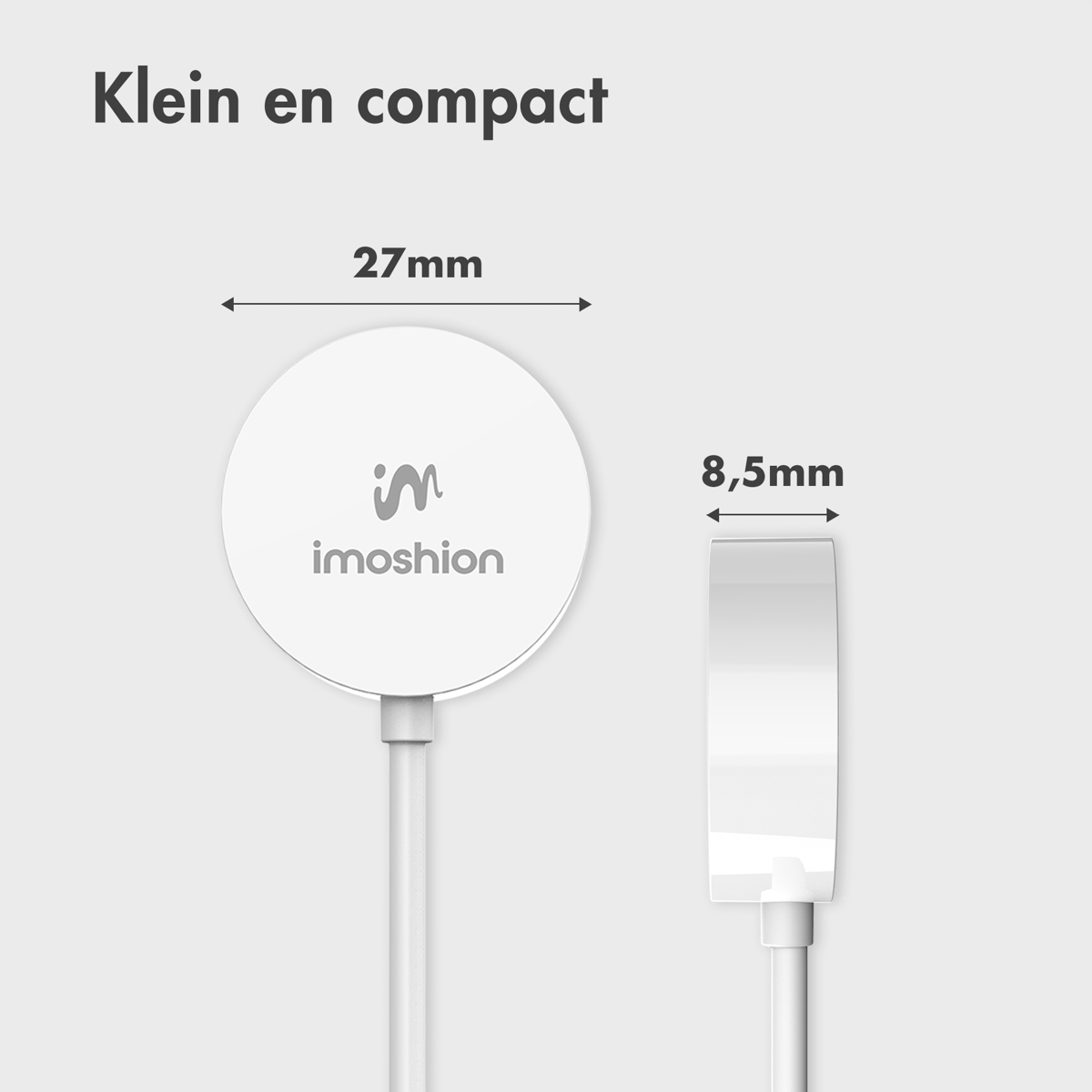 Station de charge avec câble blanc, dimensions 27mm x 8,5mm.