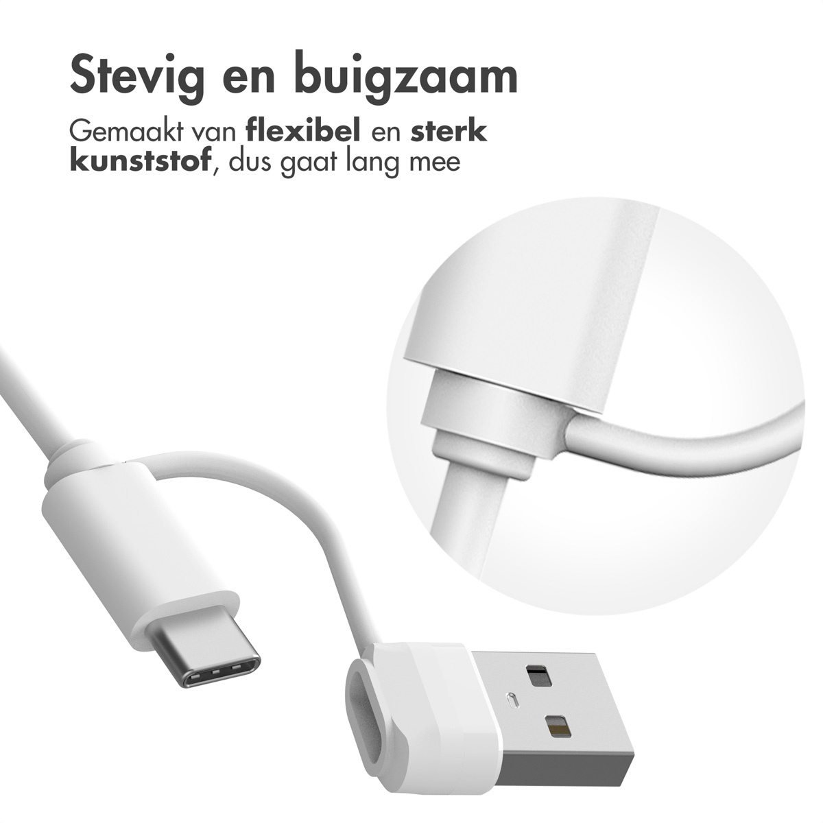 Câble USB-C blanc avec port USB et vue agrandie du connecteur.
