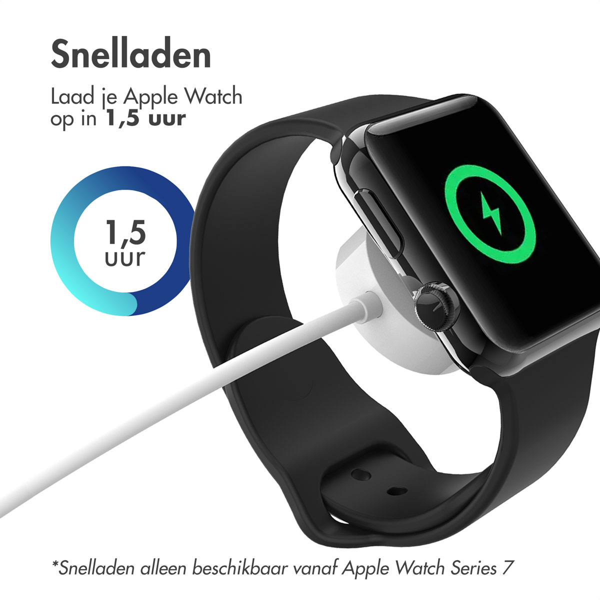 Apple Watch en charge. Texte : Charge rapide en 1,5 heure. Apple Watch sur un chargeur.