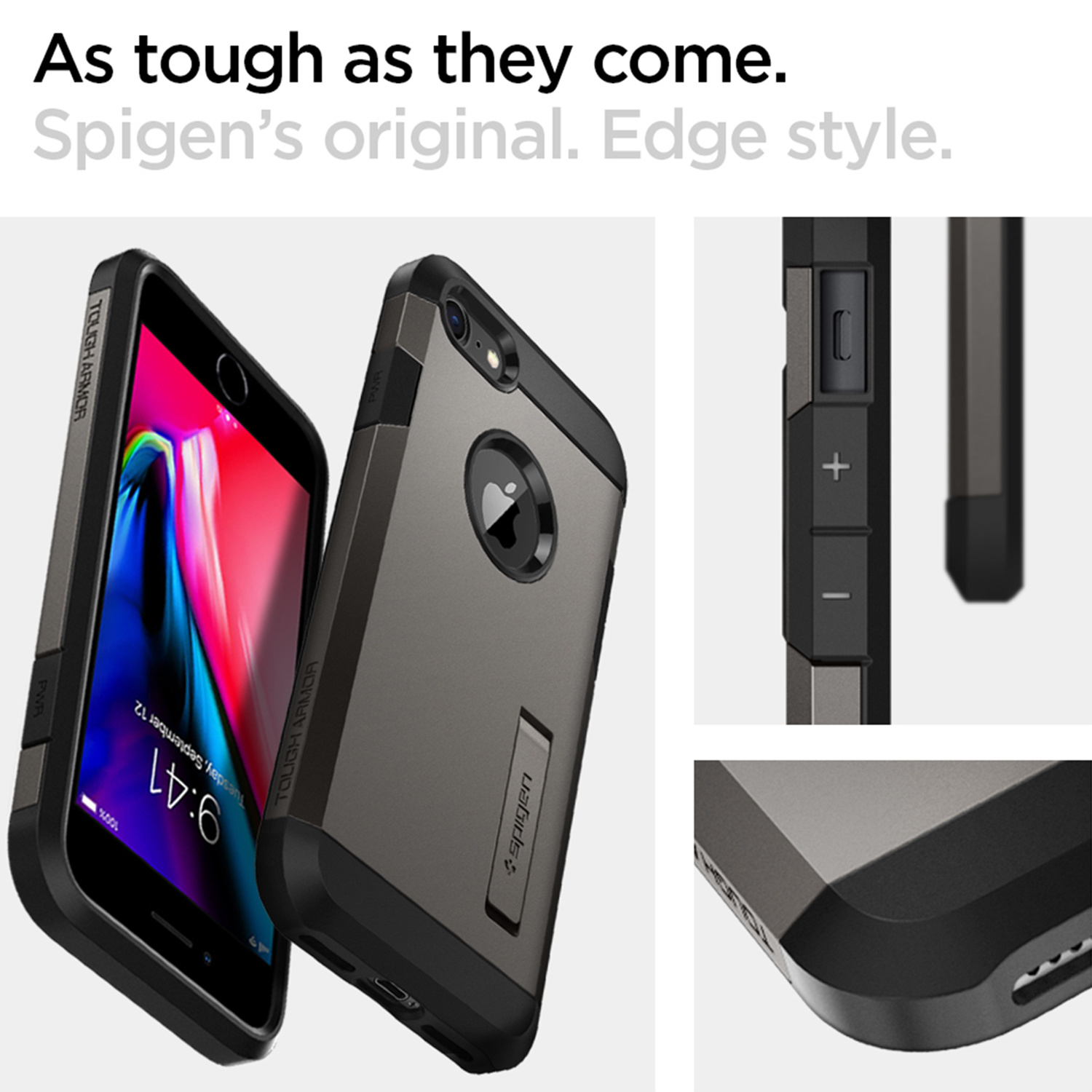 Ein iPhone in einer grauen und schwarzen Hülle mit Ständer, neben einer Nahaufnahme der Tasten und des Ladeanschlusses.