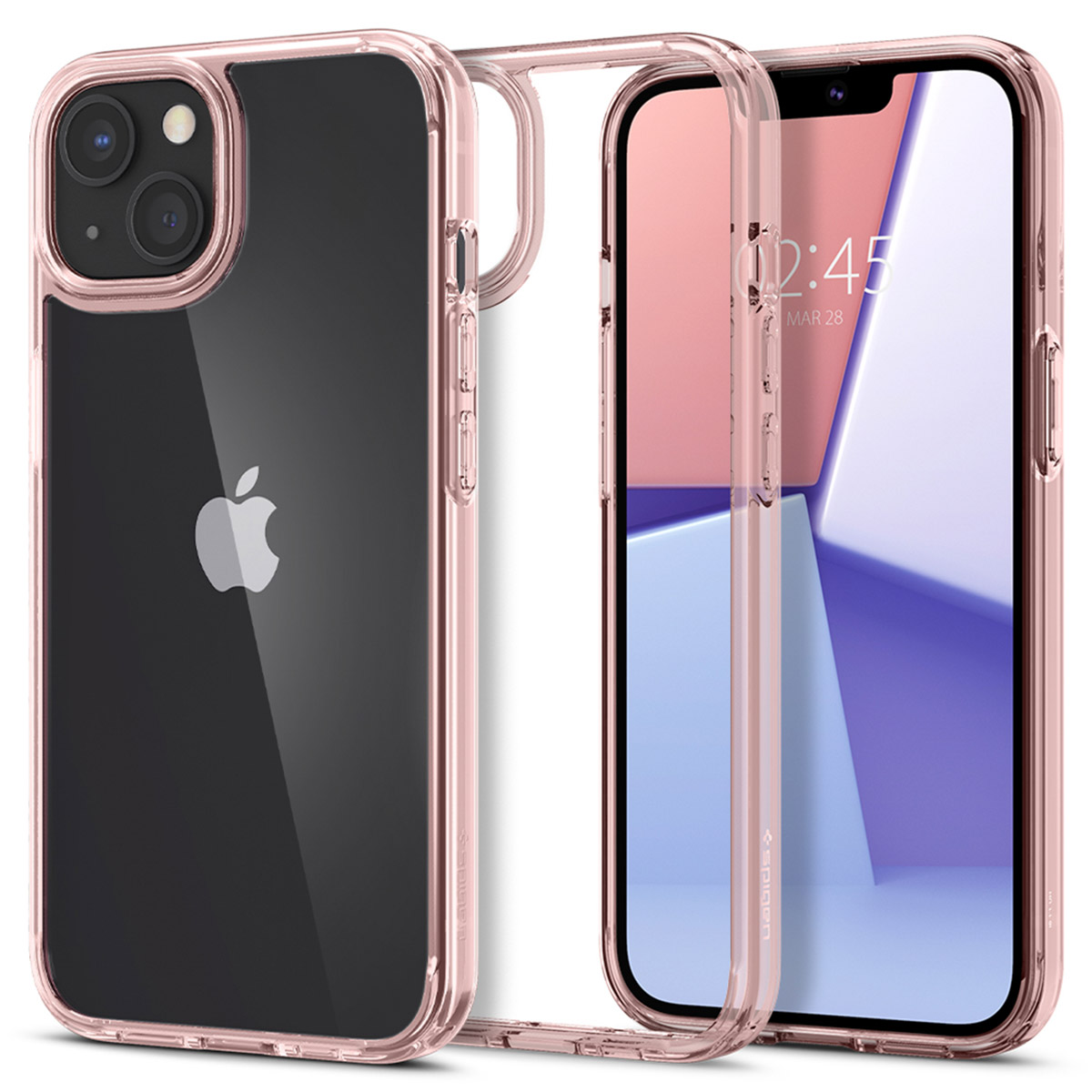 Phone in a clear rose-gold case. The phone is black. The case is transparent.