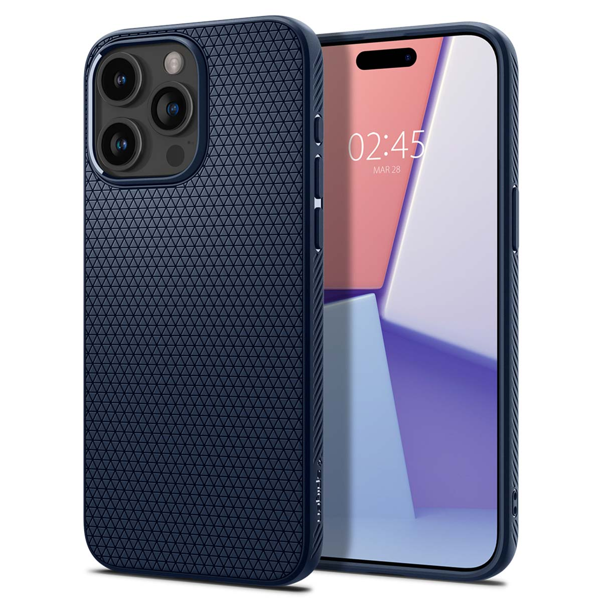 Donkerblauwe getextureerde telefoonhoes op een telefoon. De hoes heeft een rasterpatroon. De telefoon is zichtbaar.
