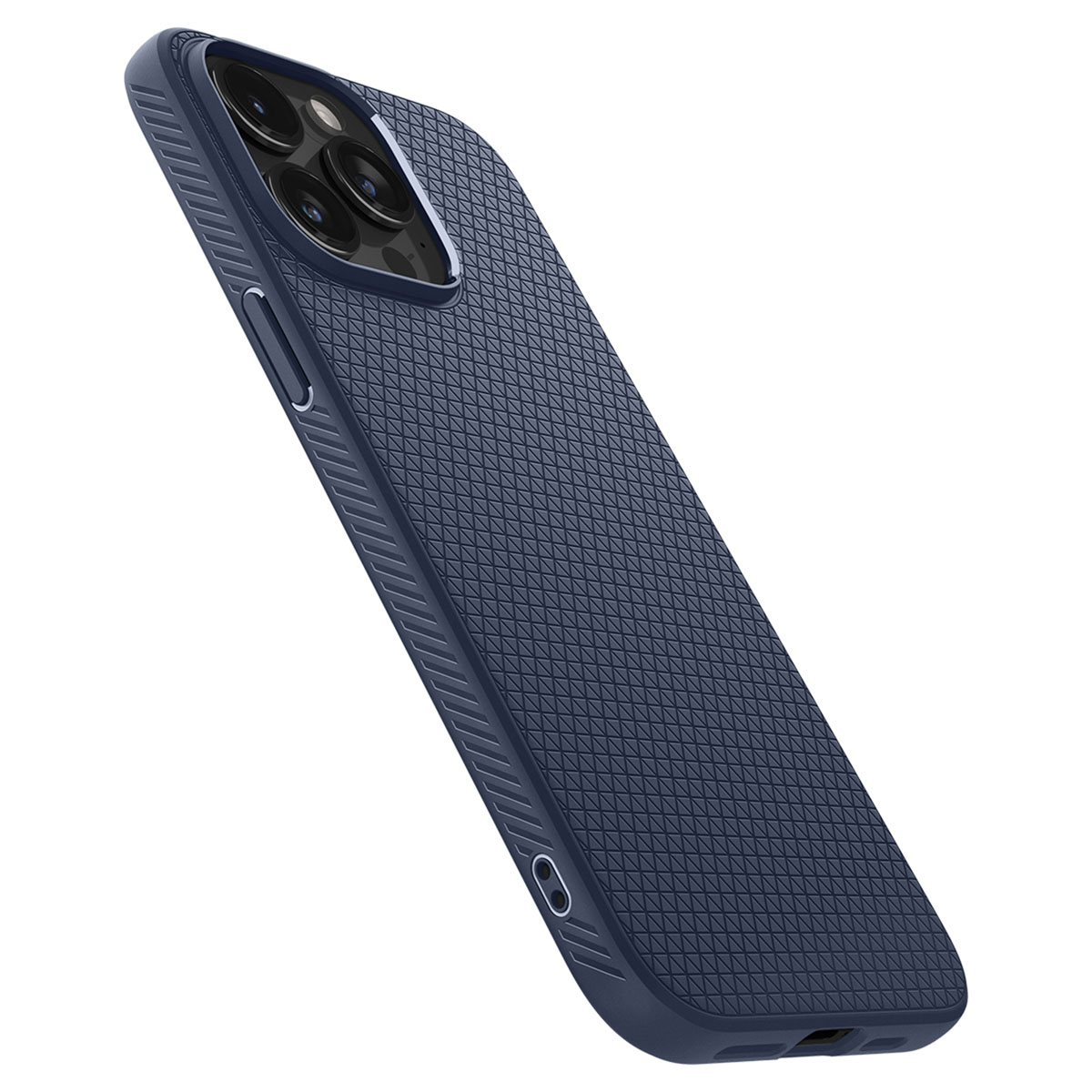 Blauwe telefoonhoes met textuurpatroon. De hoes bedekt de telefoon.