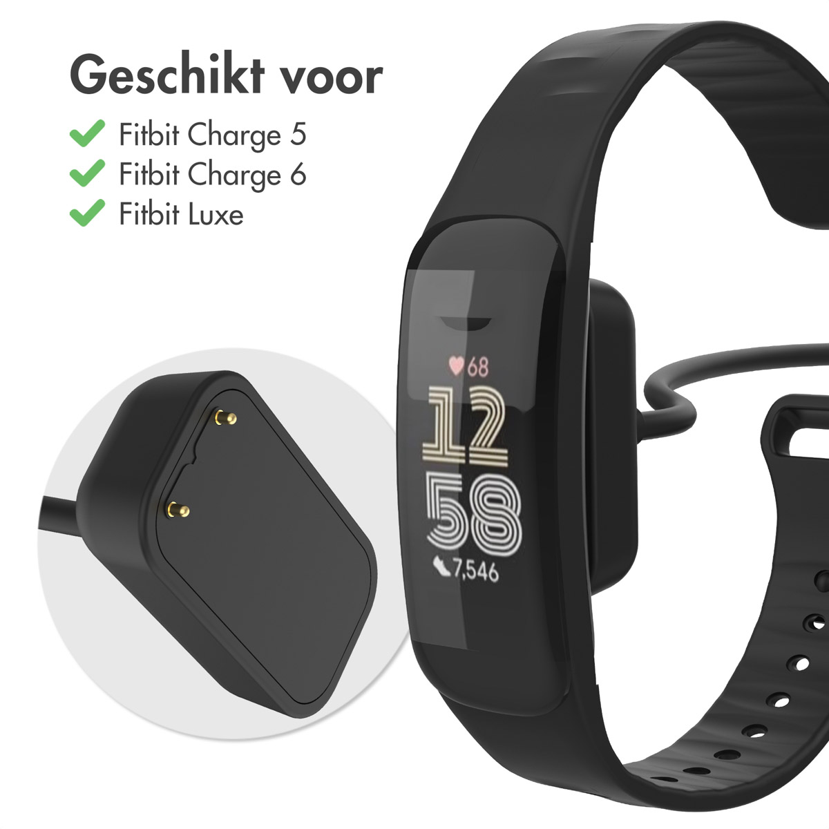 Tracker de fitness Fitbit noir avec chargeur. L'écran affiche l'heure, la fréquence cardiaque et les pas.