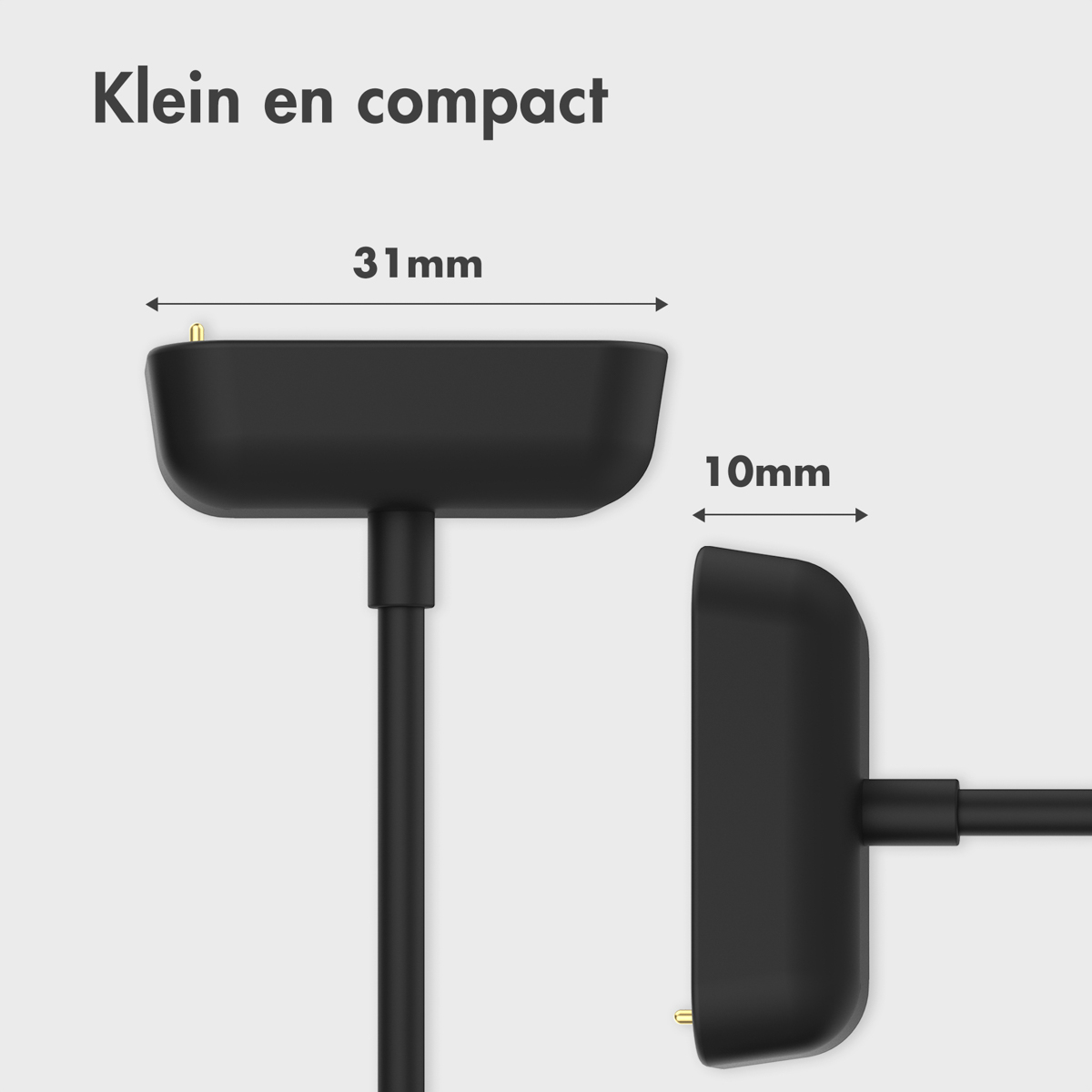 Câble de charge noir avec une petite tête de charge rectangulaire et dimensions indiquées.
