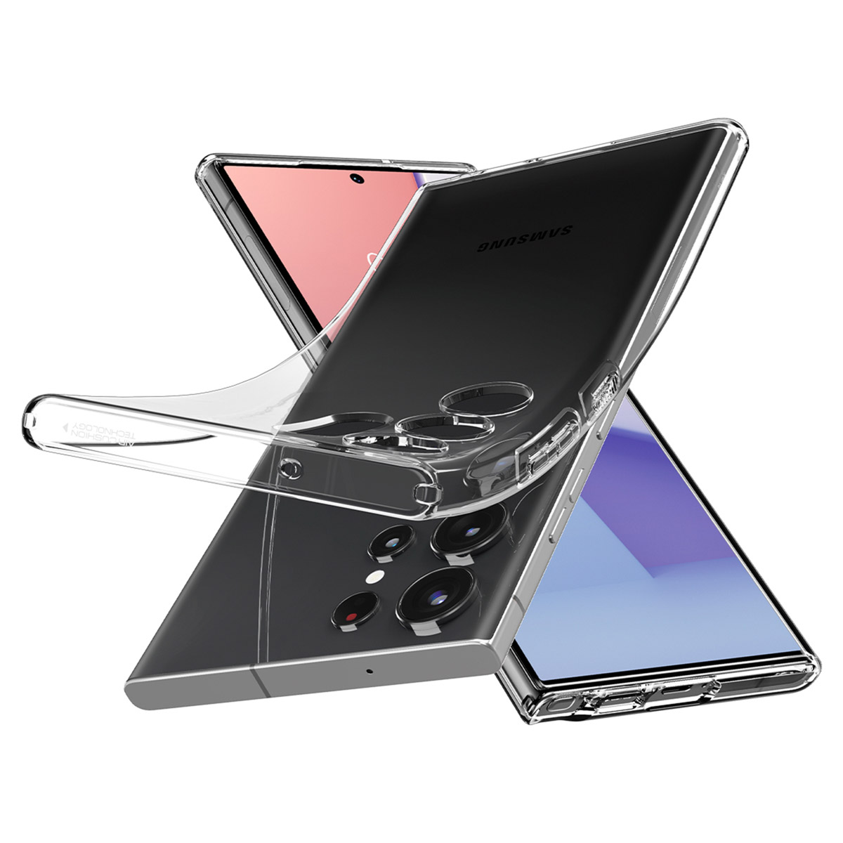 Due telefoni in custodie trasparenti. Uno ha schermo rosso, l'altro blu. Logo Samsung visibile.