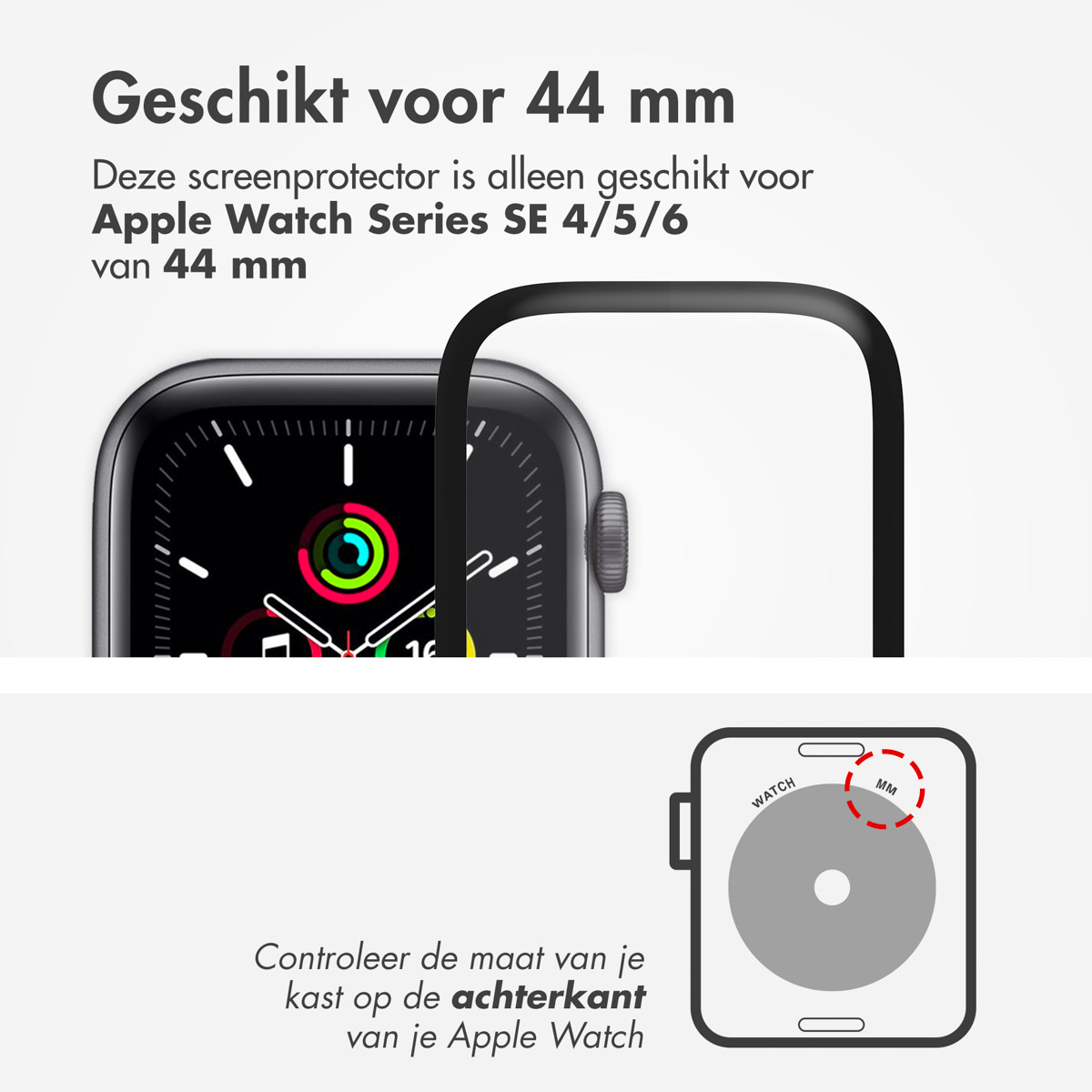 Apple Watch and a screen protector. Text: Suitable for 44 mm. A diagram shows the watch size.