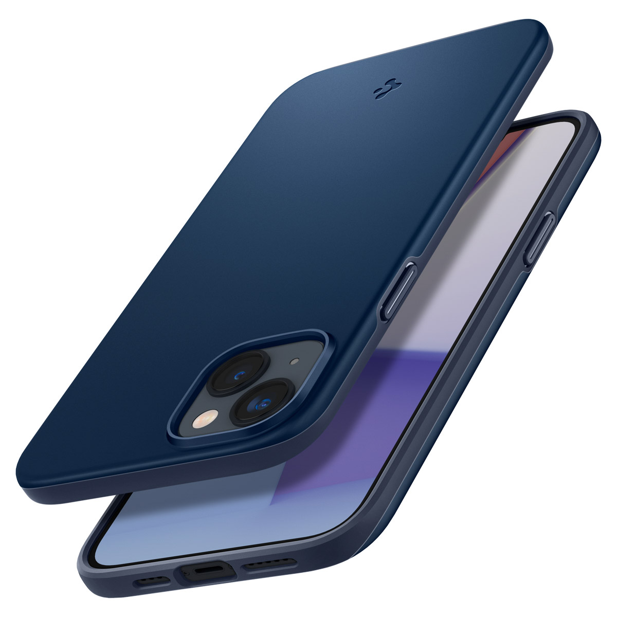 Custodia per telefono blu navy, angolata, che mostra un telefono con tre fotocamere.