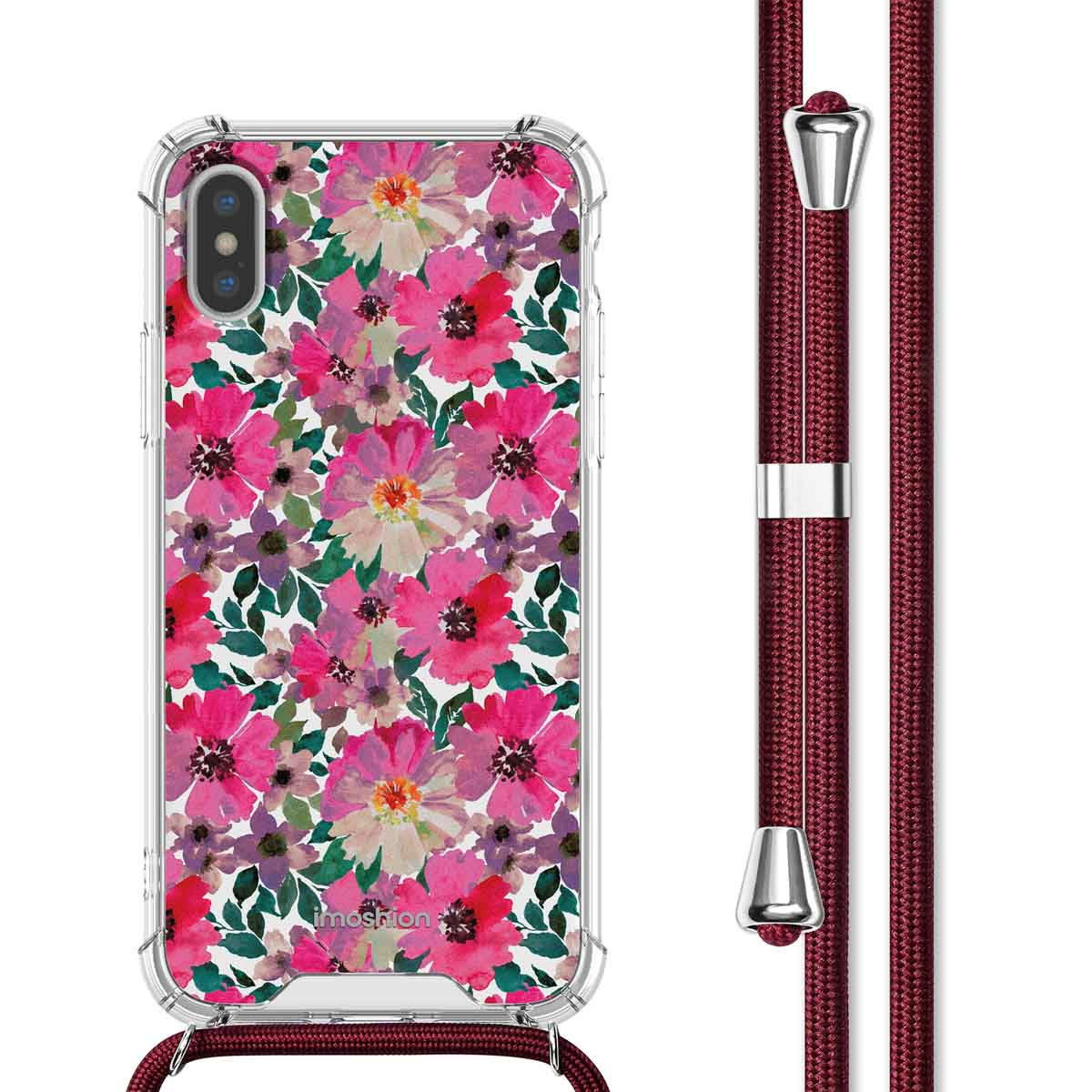 Transparante telefoonhoes met bloemenpatroon, rode lanyard. Telefoon in het midden.