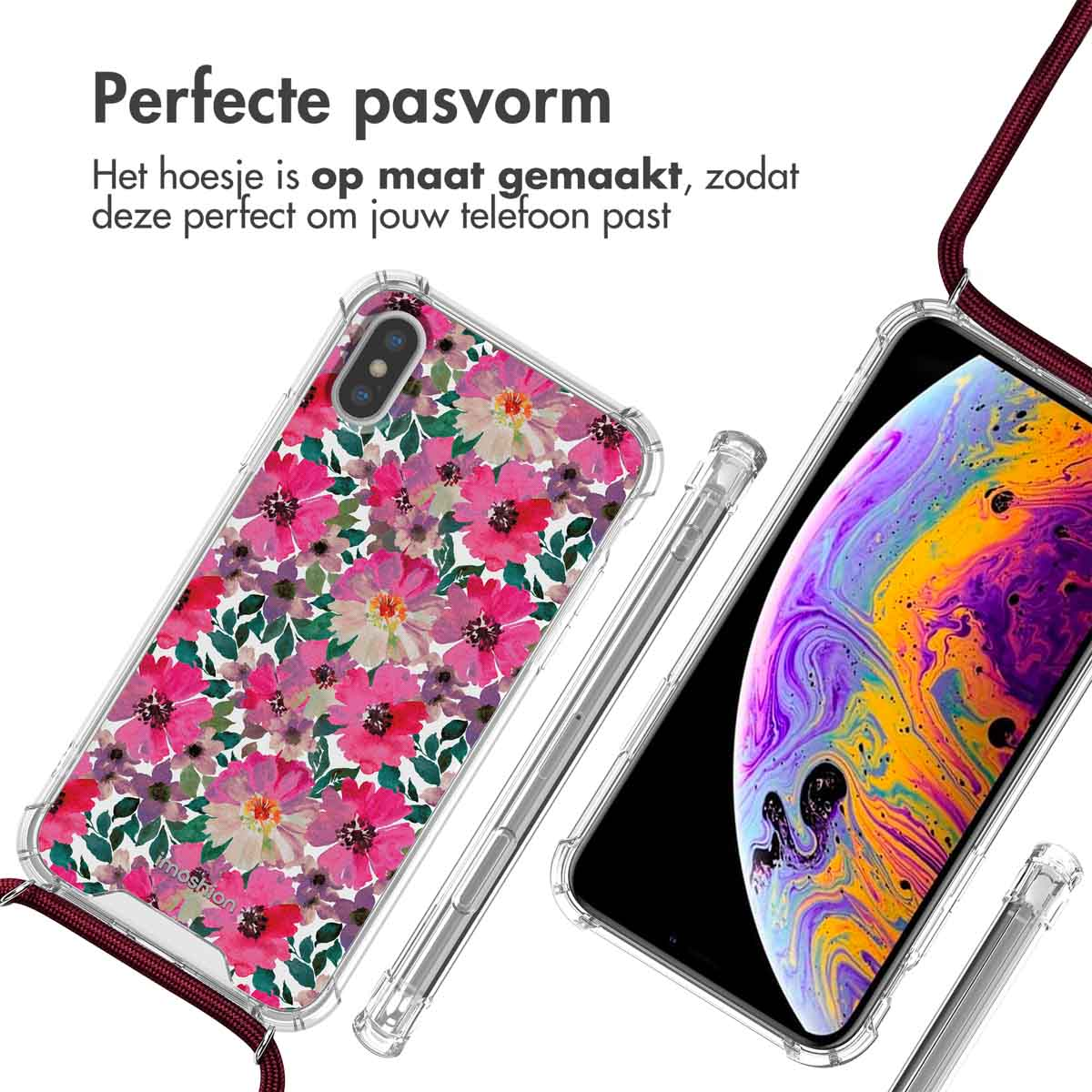 Telefoonhoesje met een bloemenpatroon en een doorzichtige hoes met een telefoon erin.