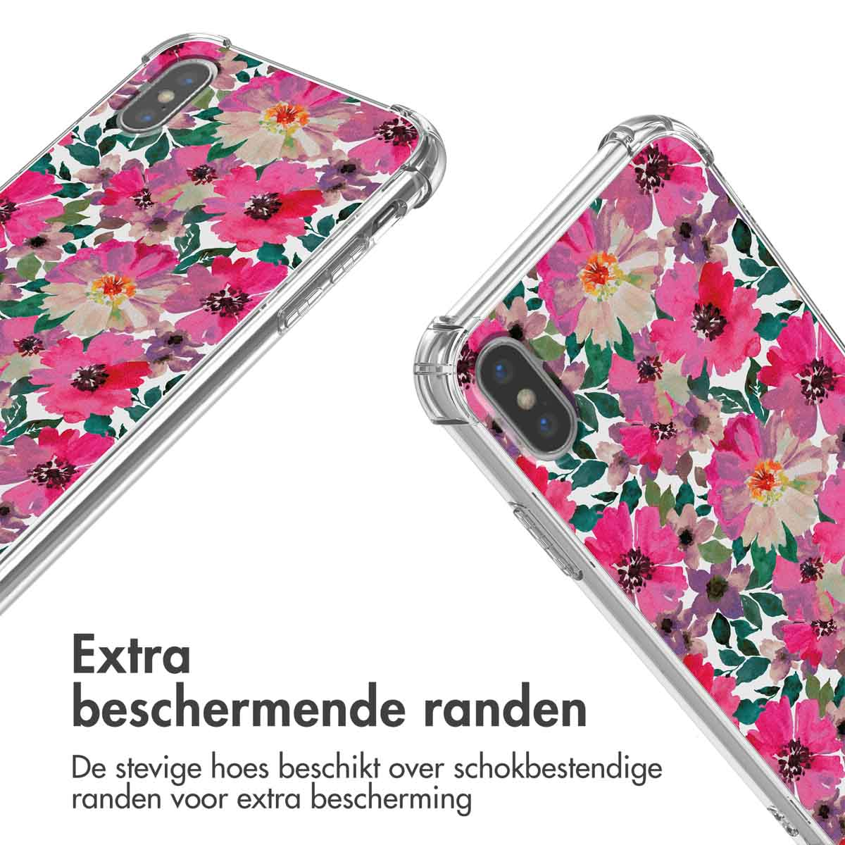 Twee telefoonhoesjes met bloemenpatroon, tekst: Extra beschermende randen.