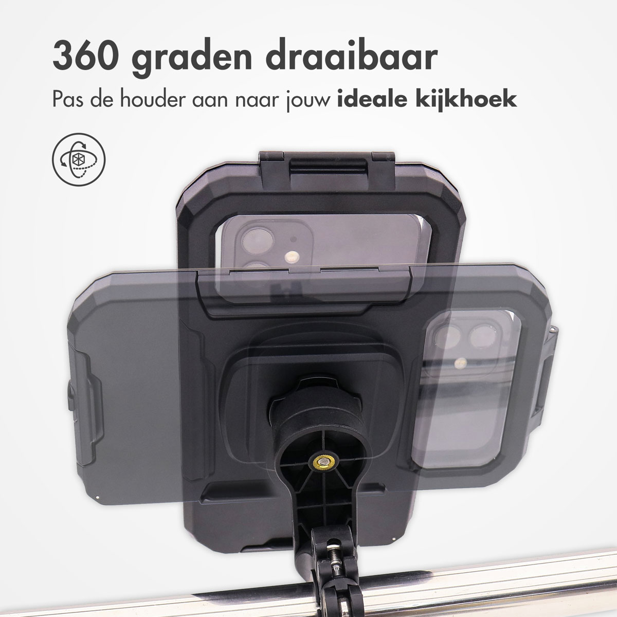 Black phone case with phone attached to a 360-degree rotating mount.