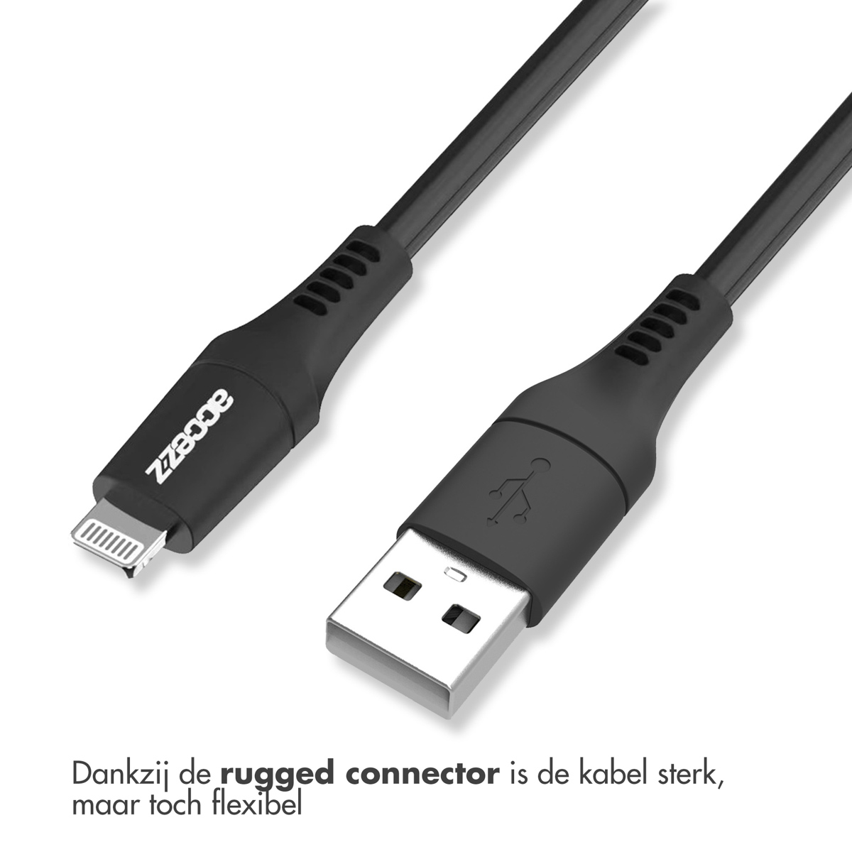 Câble USB vers lightning noir. Fond blanc. Extrémités USB et lightning.