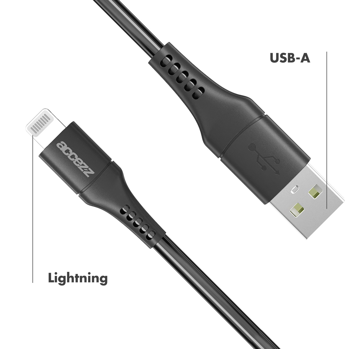 Câble Lightning et câble USB-A. Logo Accazz sur le connecteur Lightning.