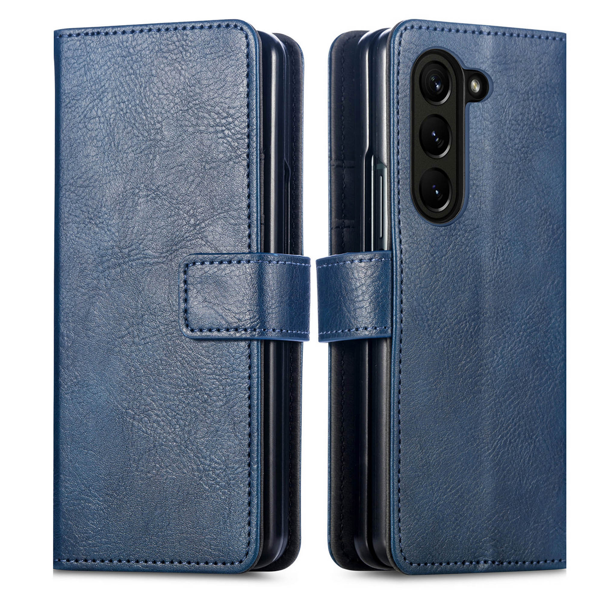 Un étui de téléphone en cuir bleu, ouvert et fermé. Le téléphone a trois caméras.