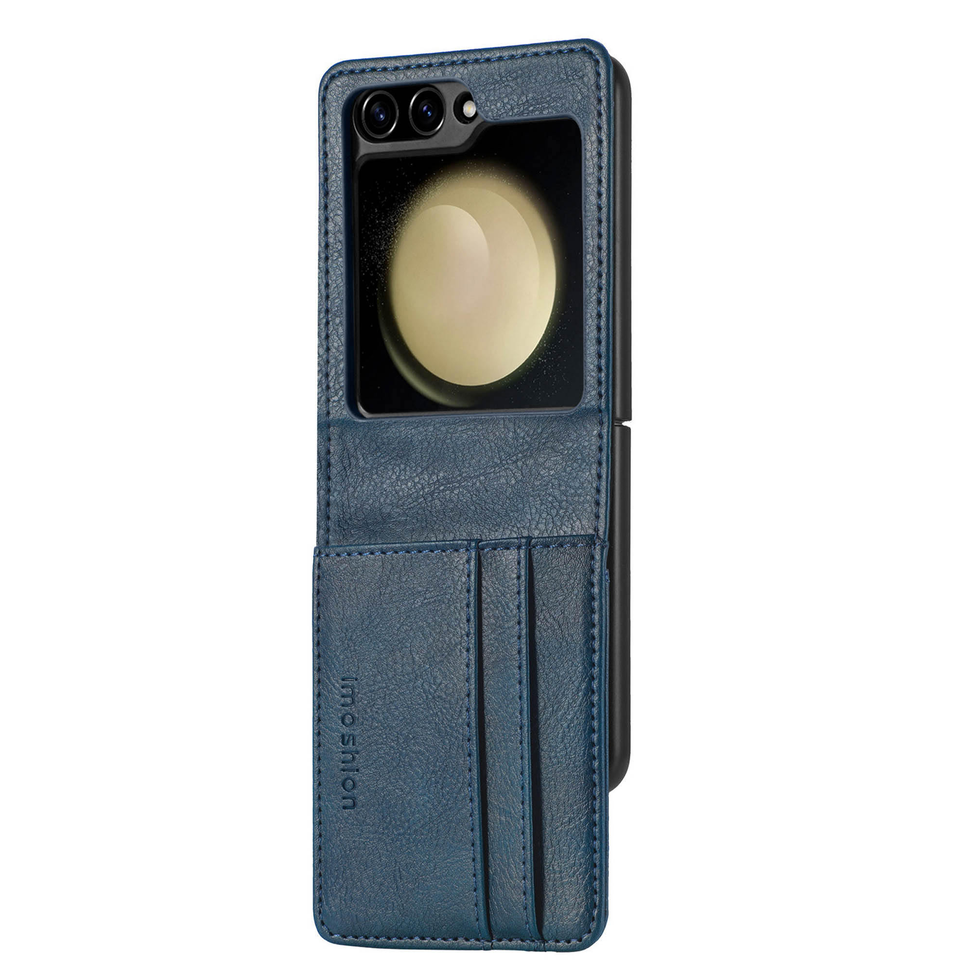 Coque de téléphone bleue avec fentes pour cartes et téléphone à l'intérieur. La marque 'moshiion' est visible.