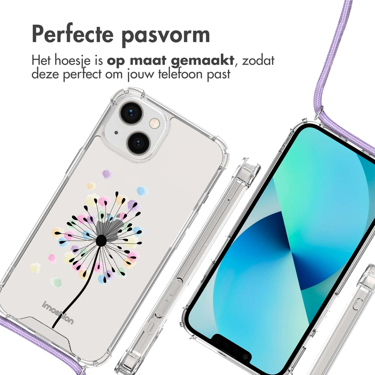 Telefoonhoesjes met bloemmotieven en een koord. Transparante hoesjes tonen een paardenbloemontwerp. De achtergrond is wit.