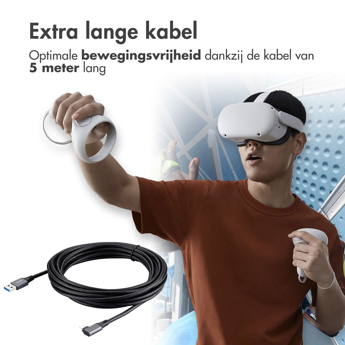 A man wearing a VR headset holds controllers. A black cable is coiled at the bottom of the image.